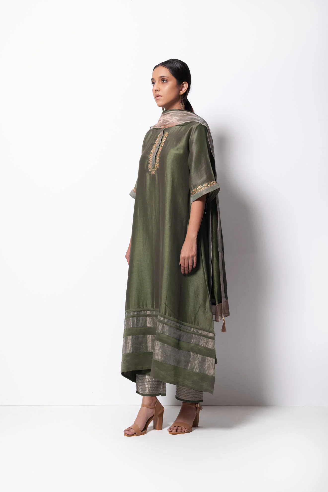 Olive Chanderi Silk Kurta Set with Dupatta - Image 5