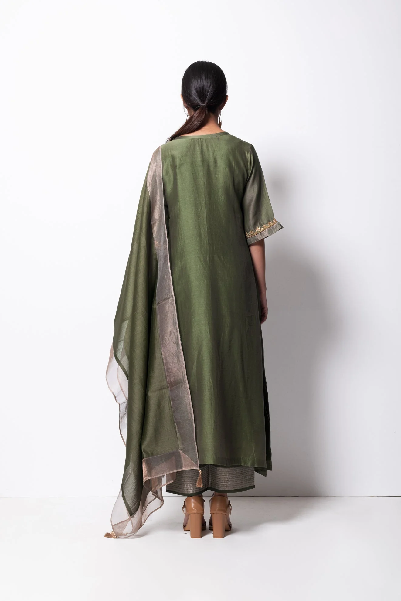 Olive Chanderi Silk Kurta Set with Dupatta - Image 6