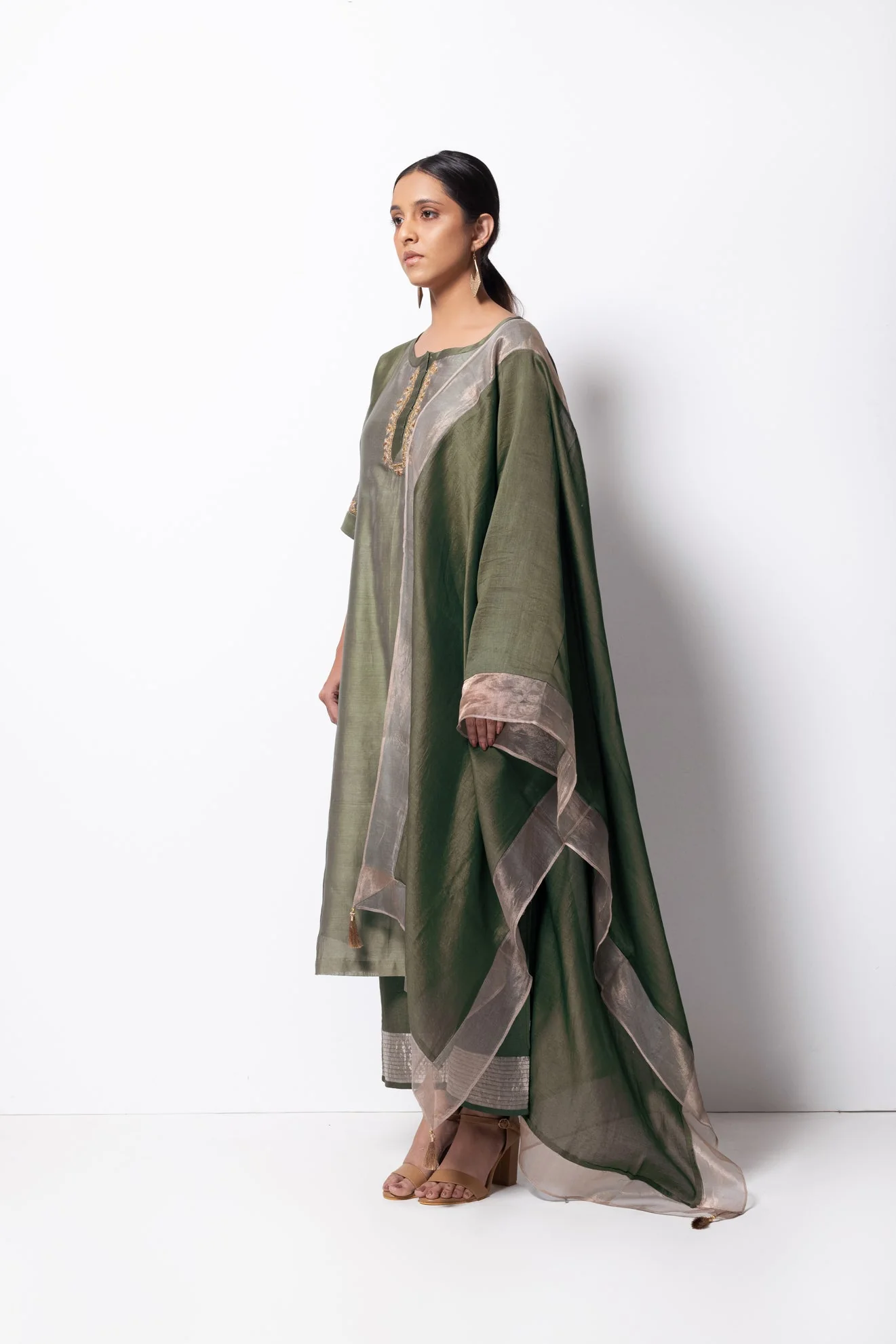 Olive Green Chanderi Silk Panelled Kurta Set with Dupatta - Image 3