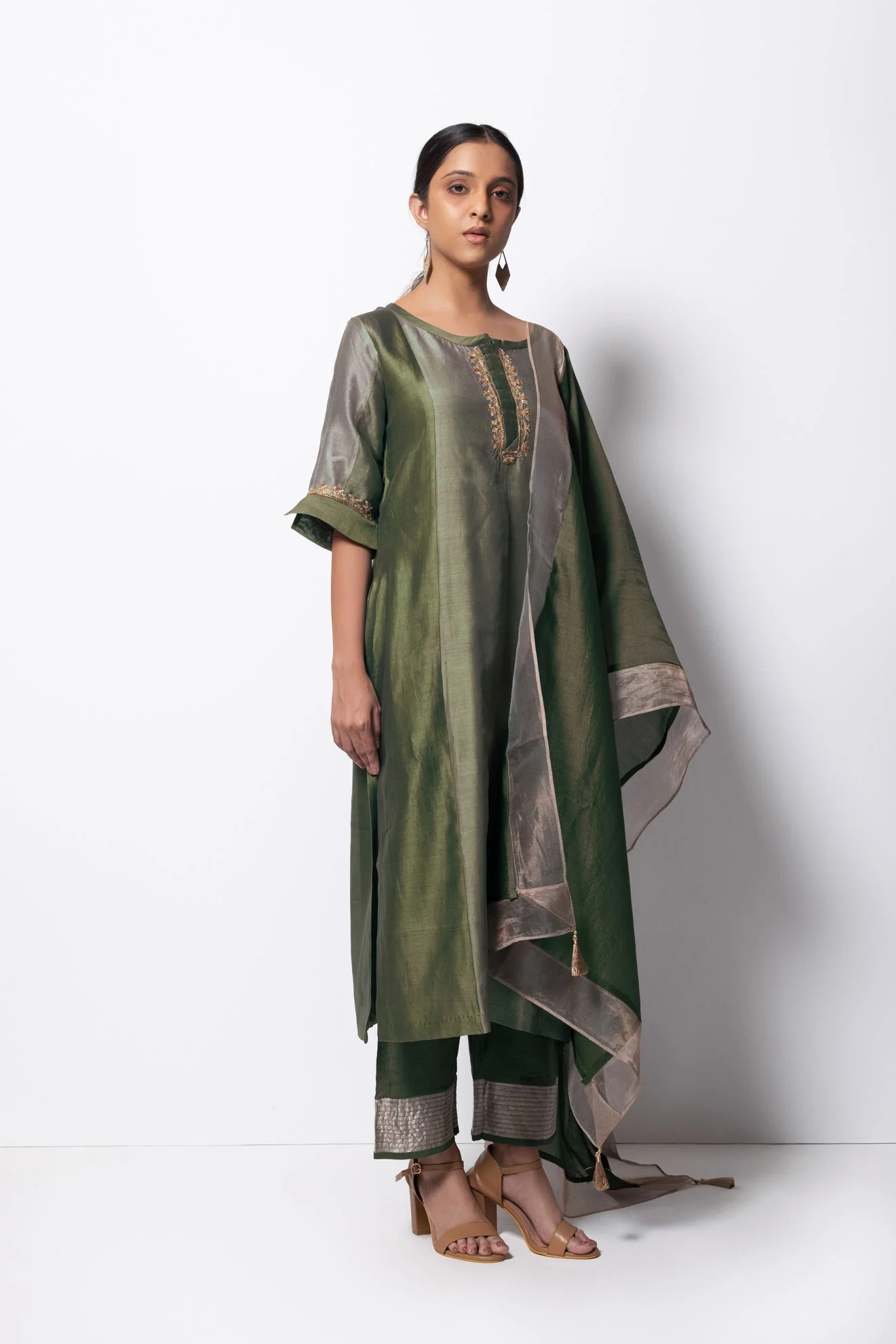Olive Green Chanderi Silk Panelled Kurta Set with Dupatta - Image 4