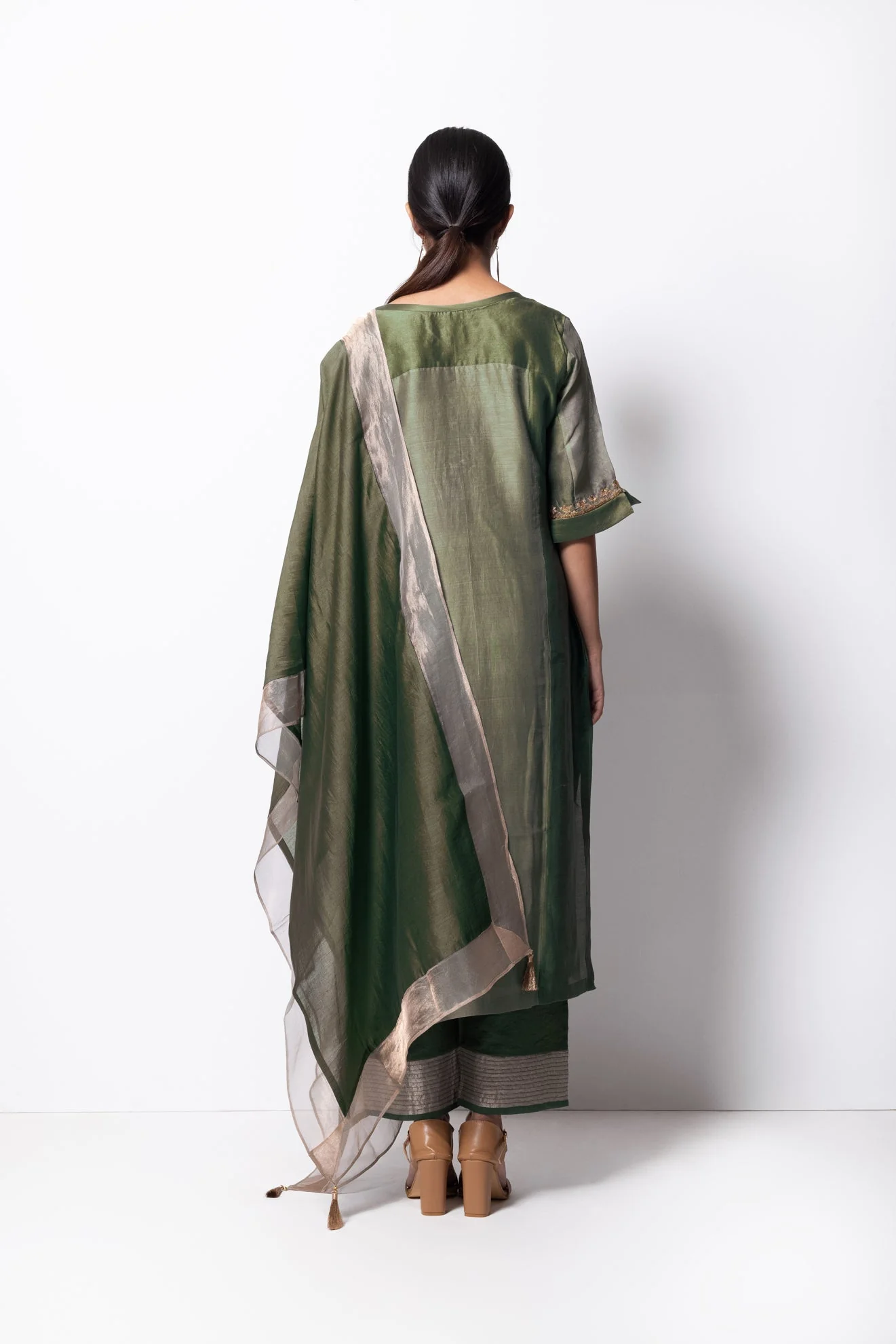 Olive Green Chanderi Silk Panelled Kurta Set with Dupatta - Image 5