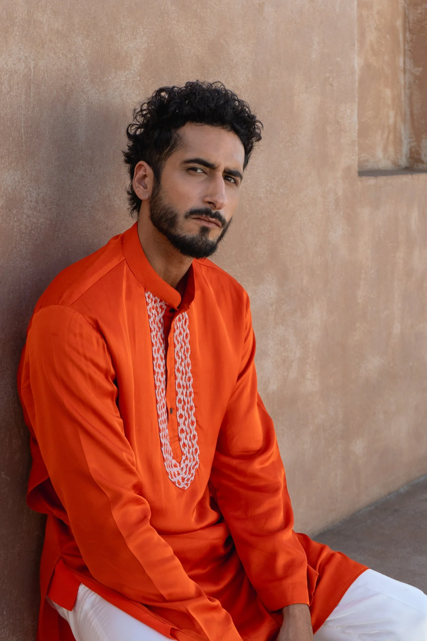 Orange-Pink Braid Kurta Set - Image 3