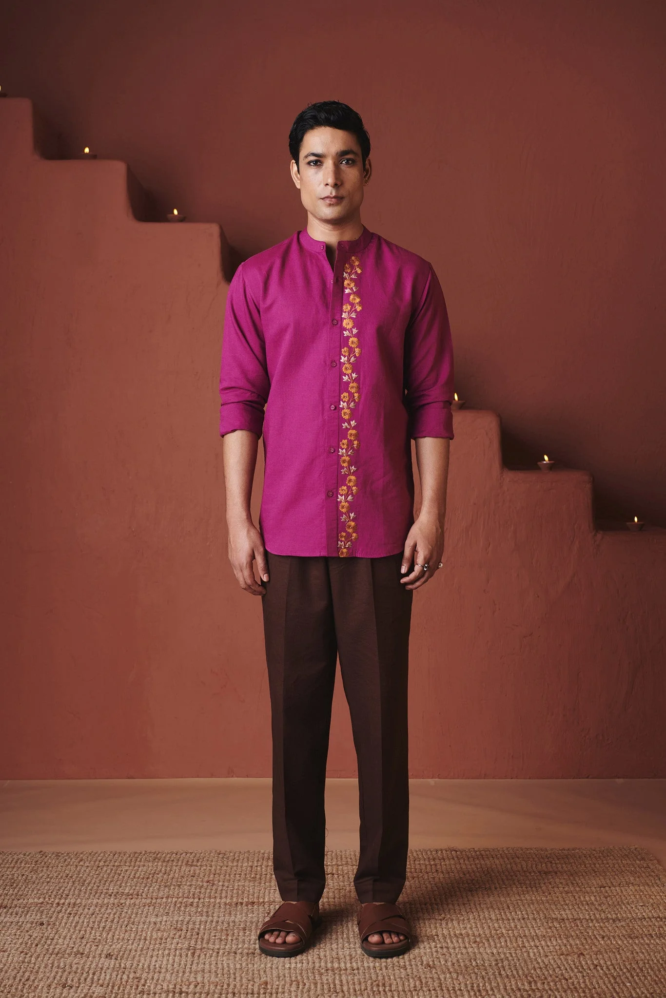Orchid Co-Linen Men's Band Collar Shirt – Slim Fit