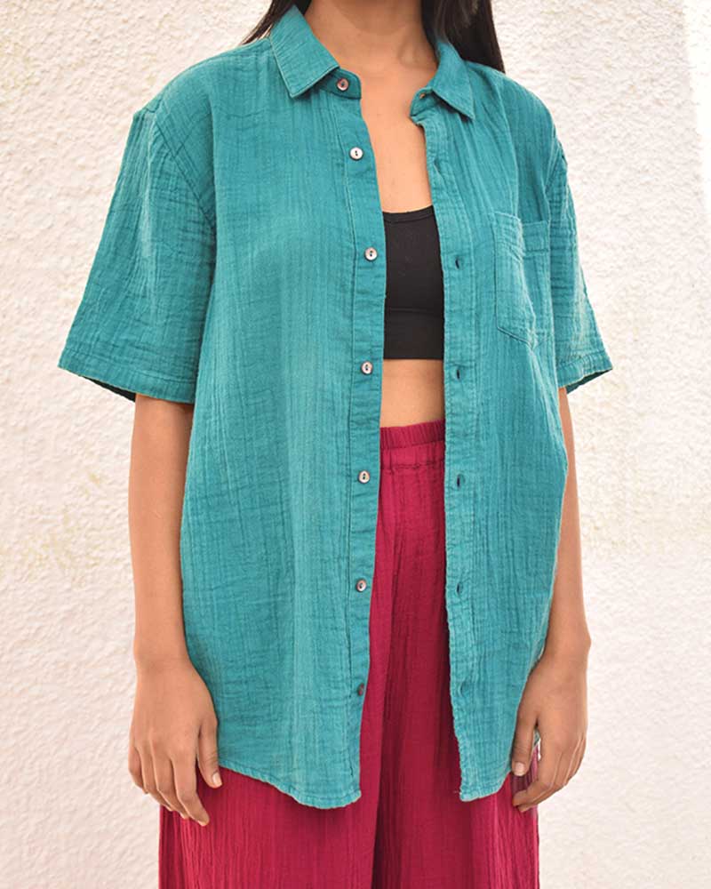 Organic Double Cloth Teal Half Sleeve Shirt - Image 4