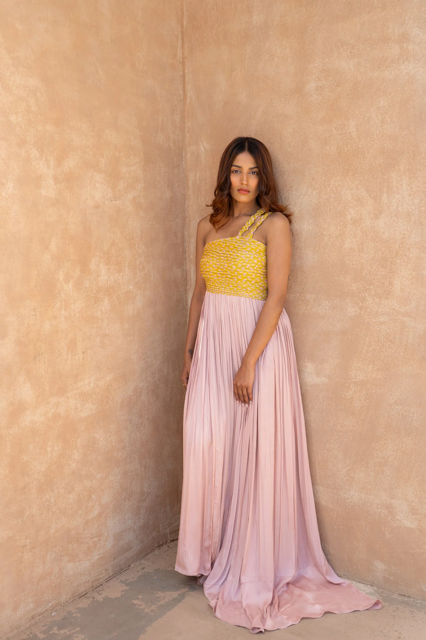 Pink-Yellow Braided Bustier Gather Gown