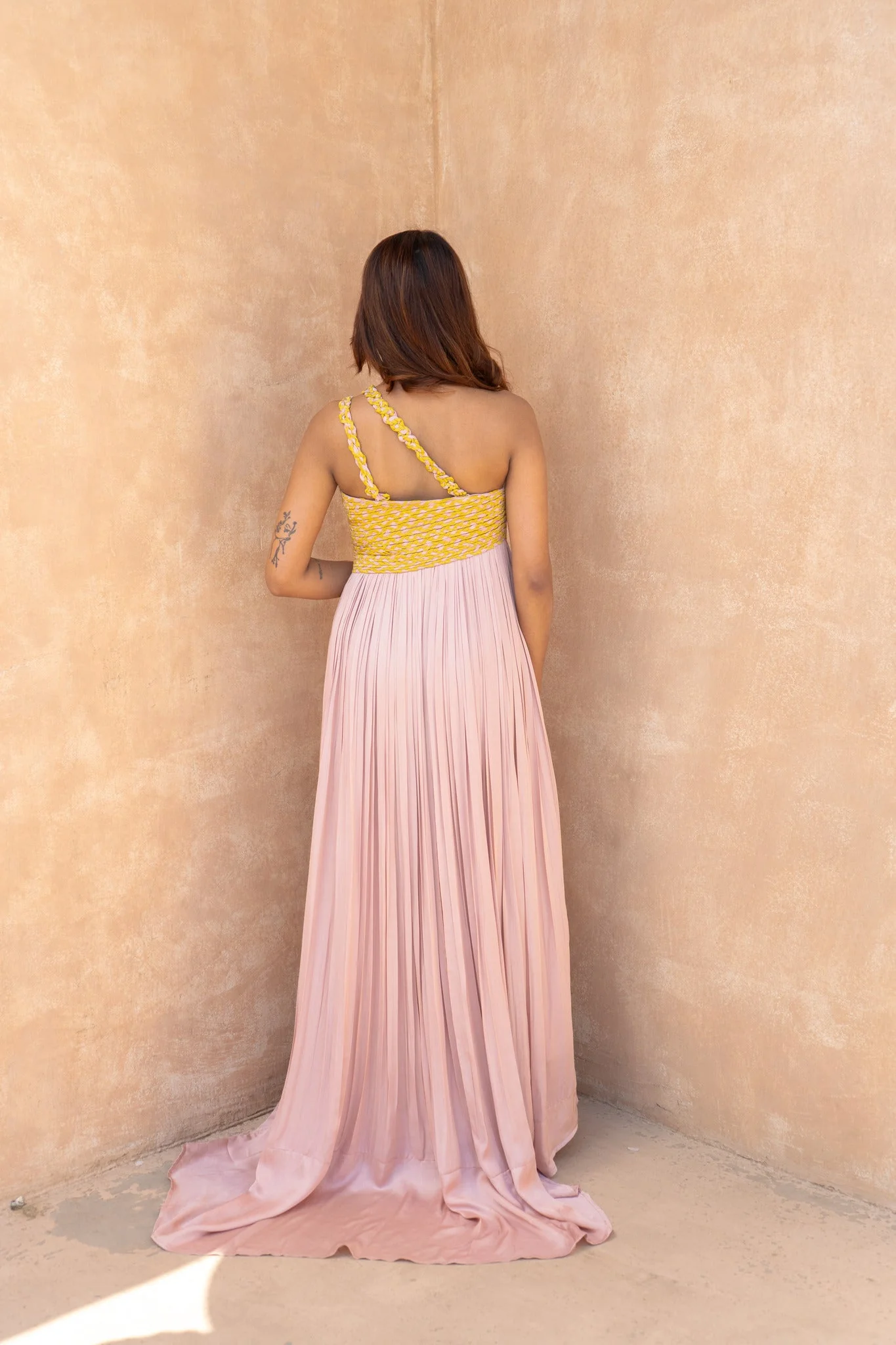 Pink-Yellow Braided Bustier Gather Gown - Image 8