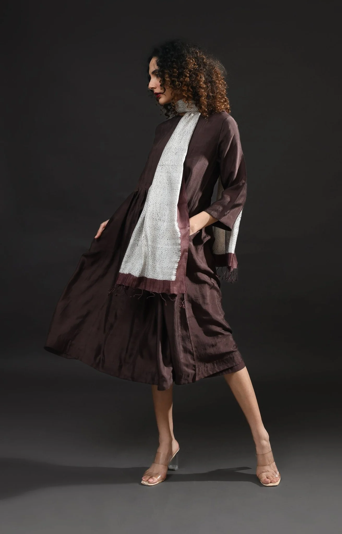 Pintucks Mulberry Silk Dress- Dark Brown - Image 2