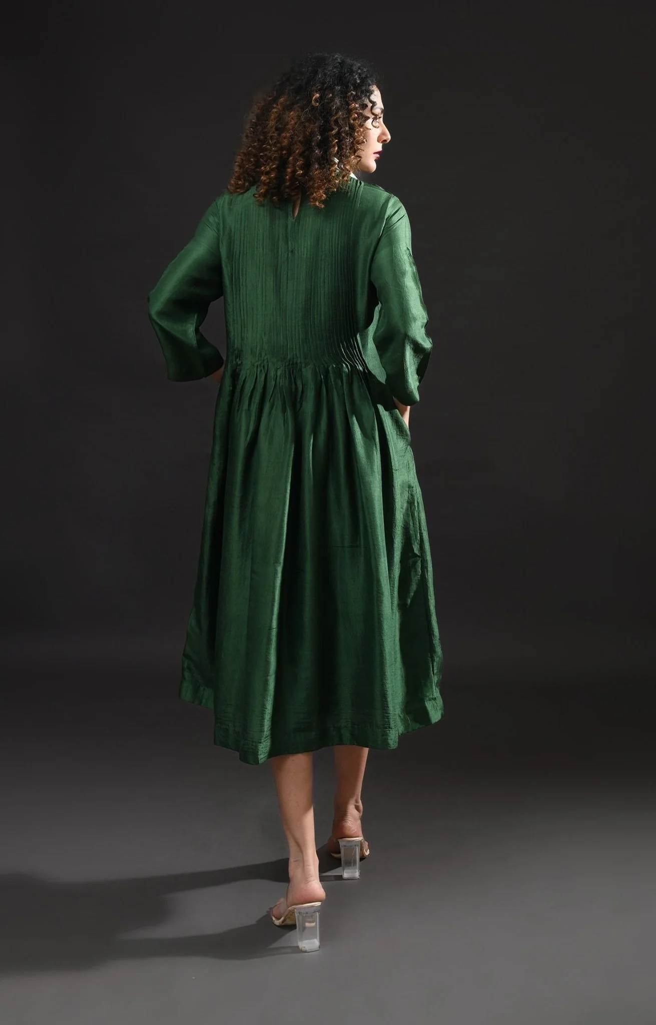 Pintucks Mulberry Silk Dress- Moss Green - Image 5