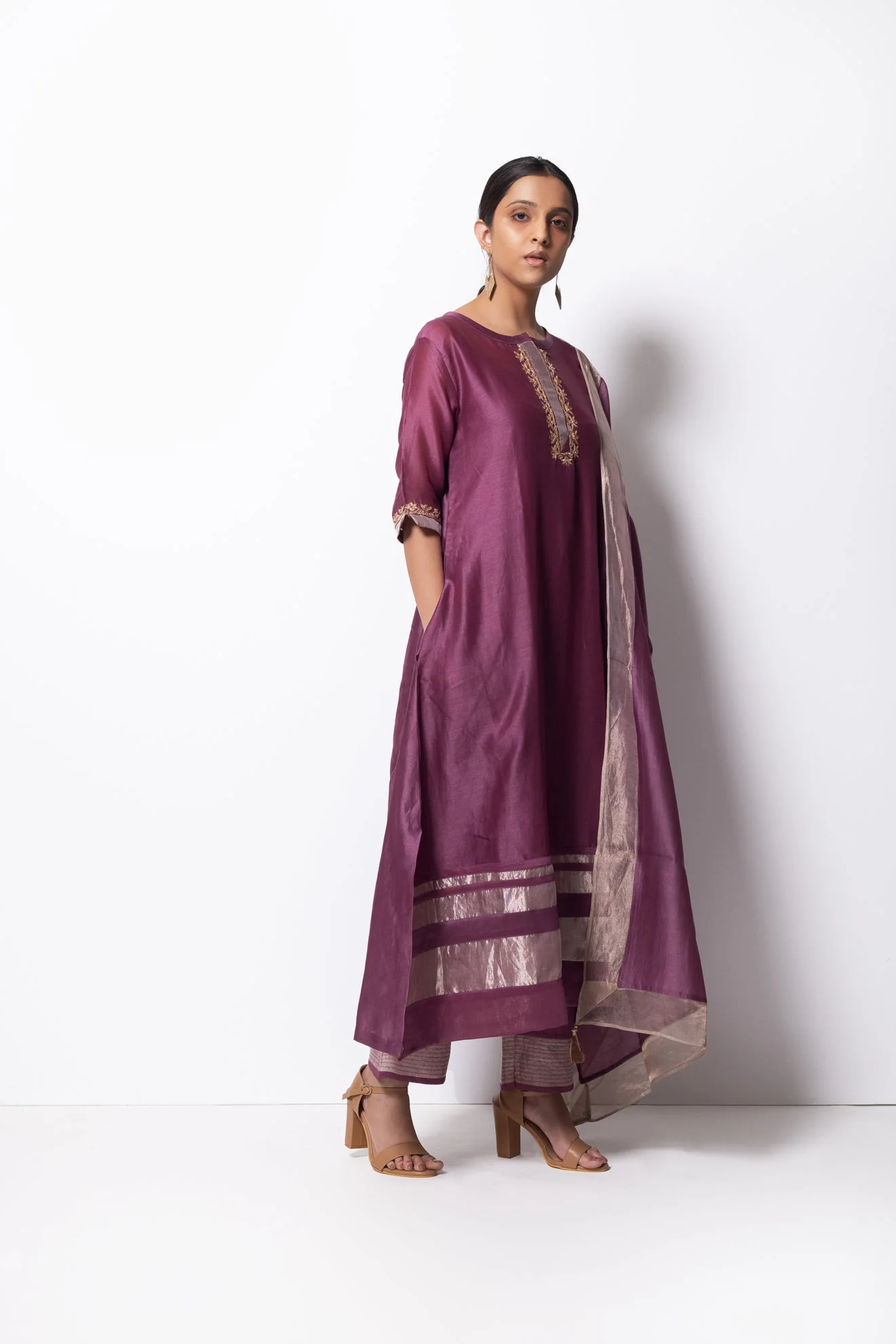 Plum Pink Chanderi Silk Kurta Set with Dupatta - Image 4
