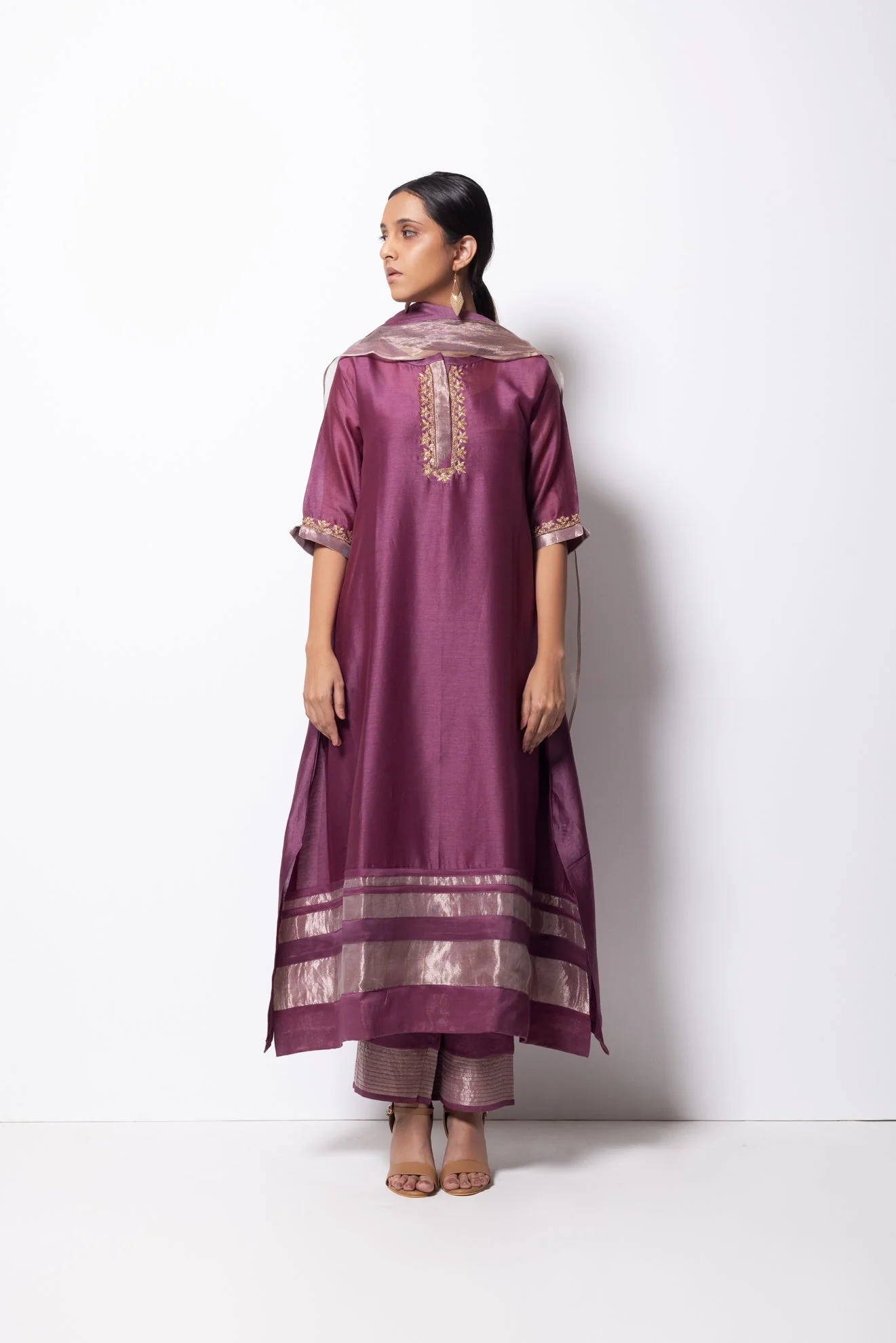 Plum Pink Chanderi Silk Kurta Set with Dupatta - Image 5