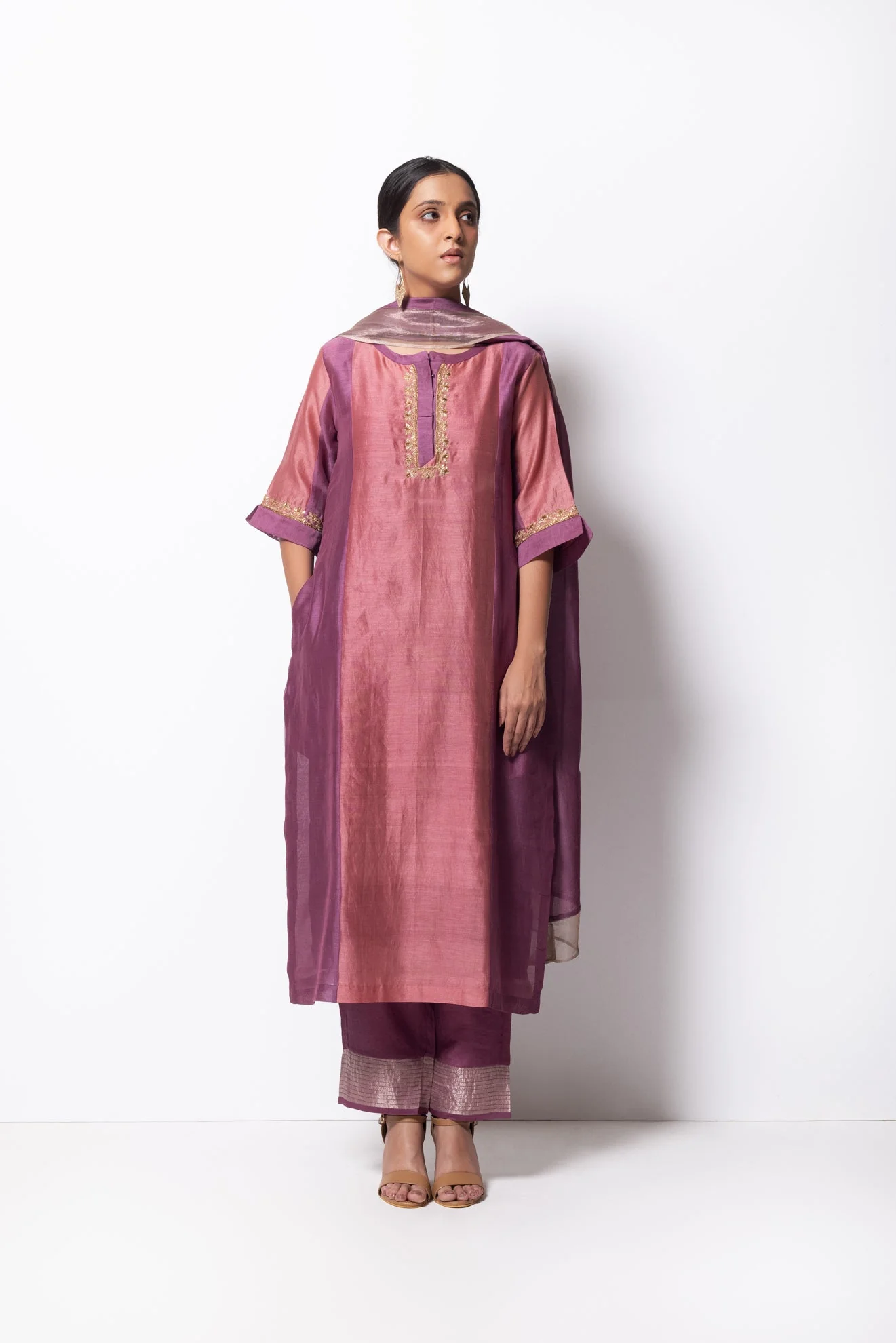 Plum Pink Chanderi Silk Panelled Kurta Set with Dupatta - Image 3