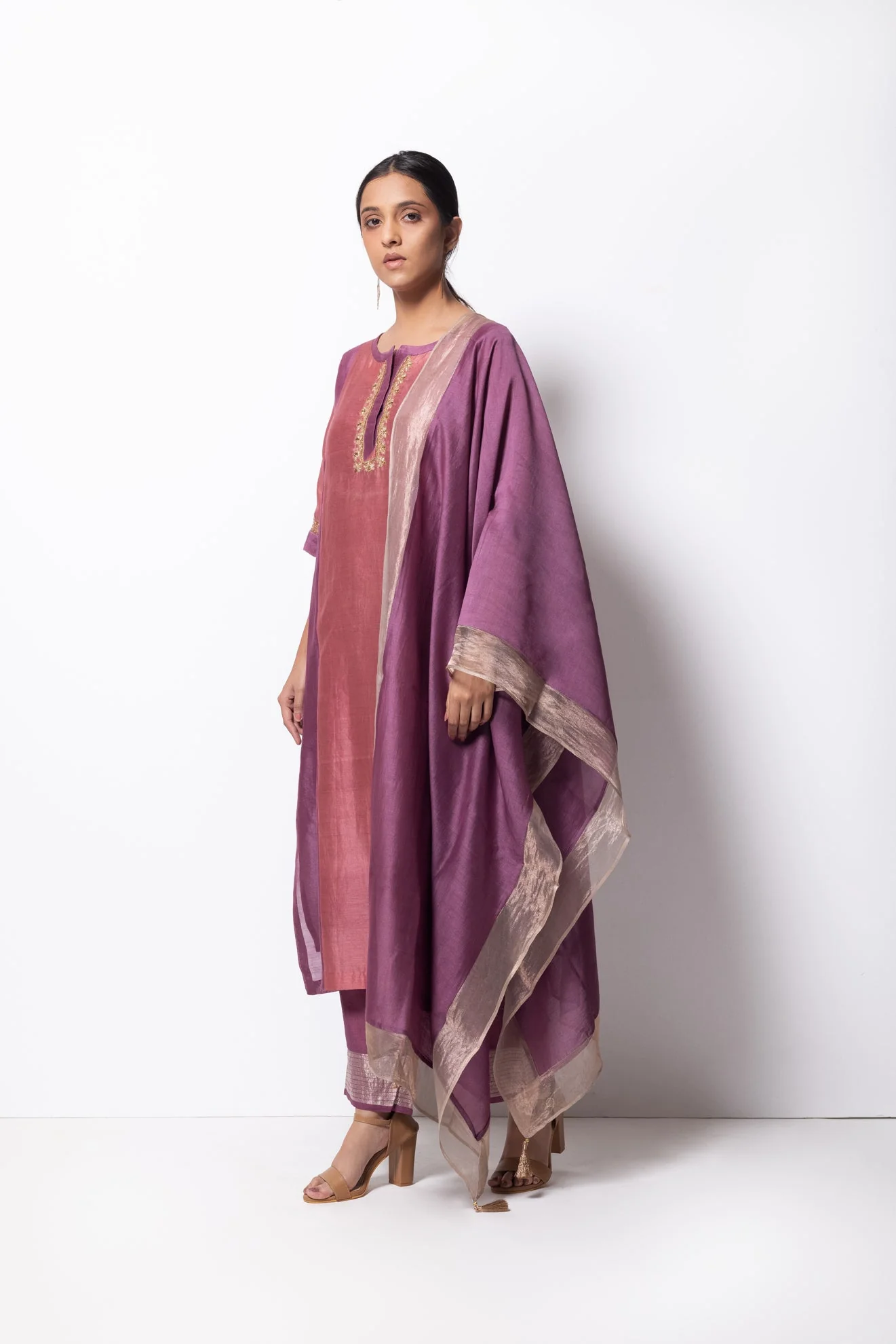 Plum Pink Chanderi Silk Panelled Kurta Set with Dupatta - Image 4
