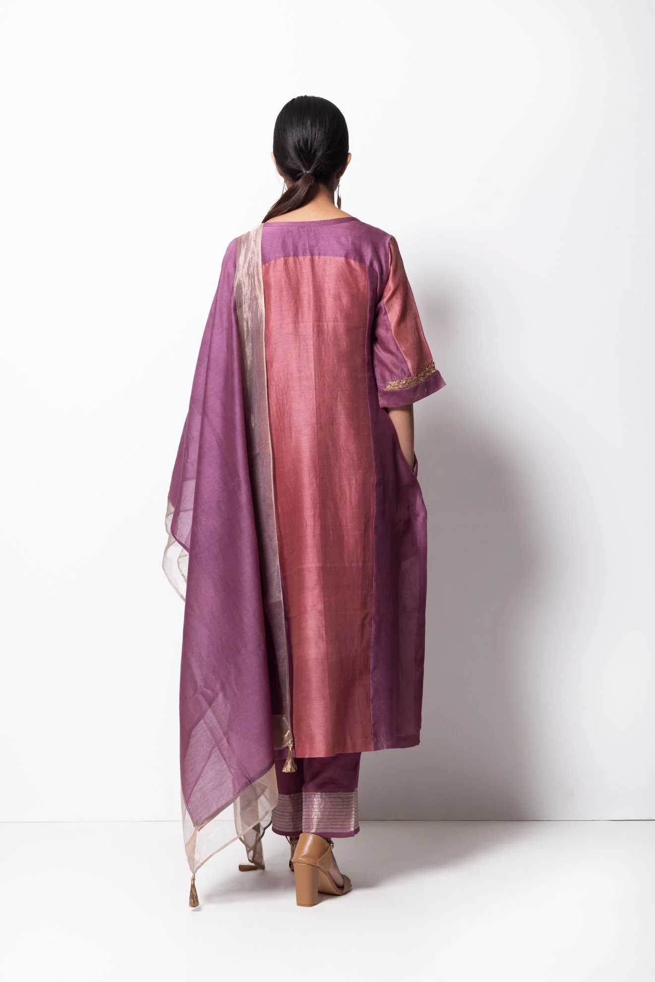 Plum Pink Chanderi Silk Panelled Kurta Set with Dupatta - Image 6