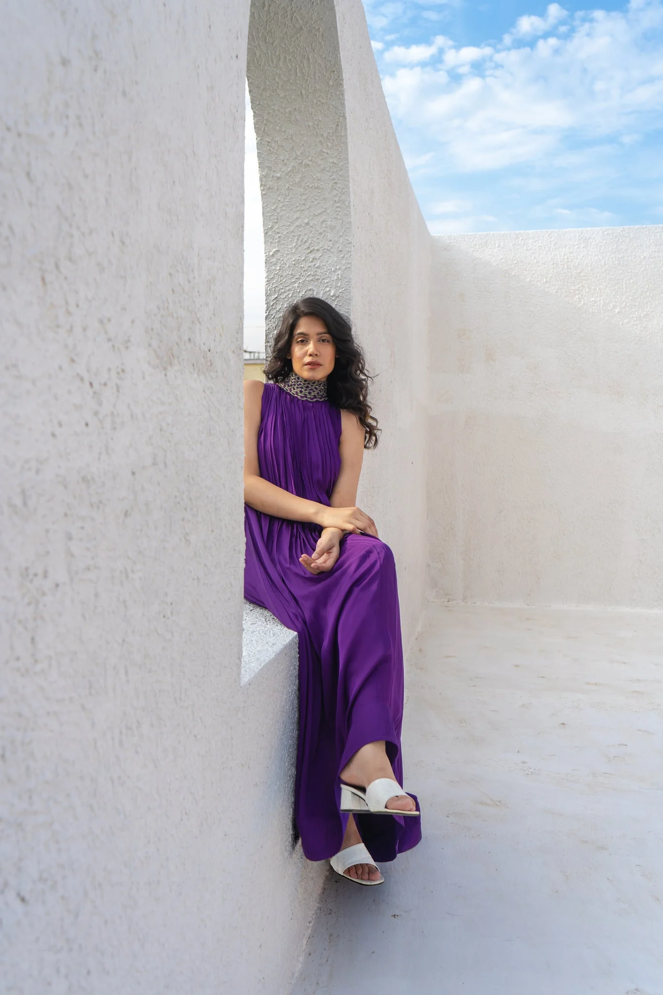 Purple-Green Braided Halter Neck Gather Gown