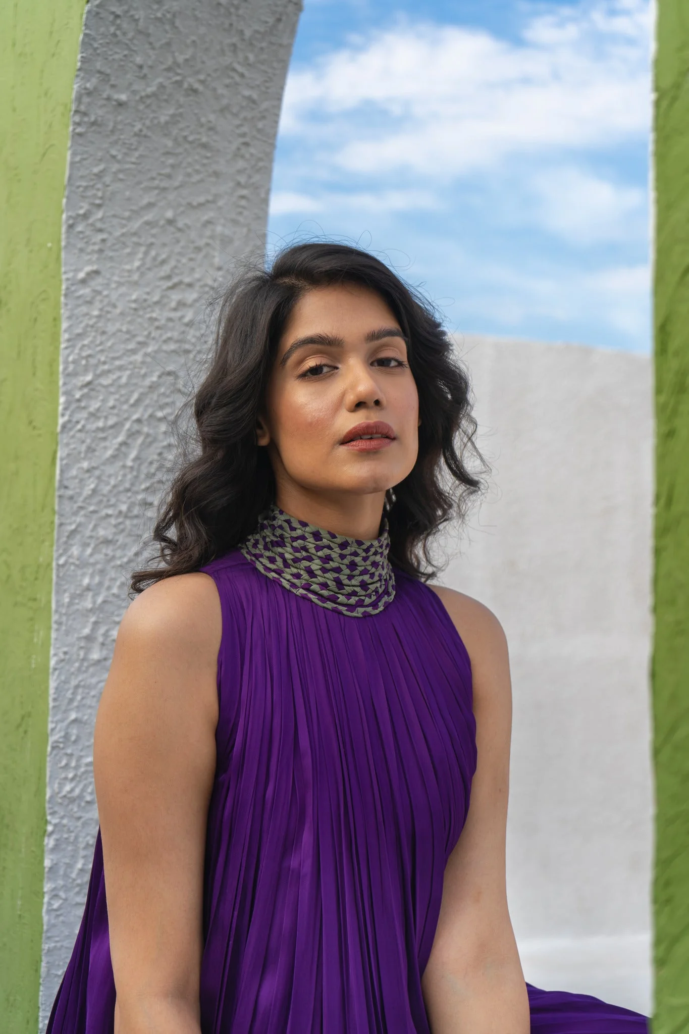 Purple-Green Braided Halter Neck Gather Gown - Image 2