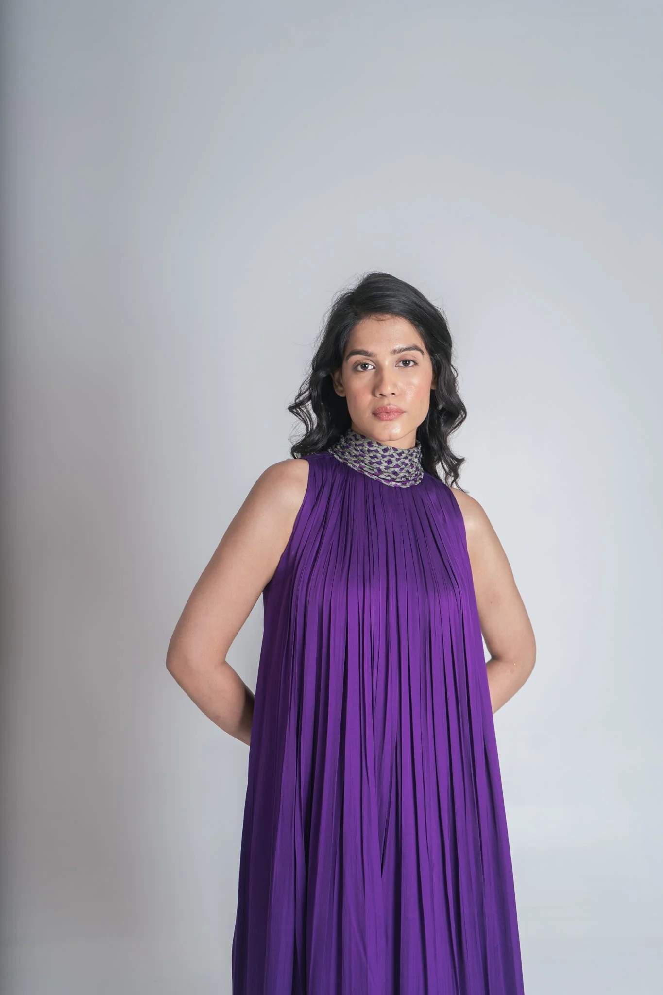 Purple-Green Braided Halter Neck Gather Gown - Image 7