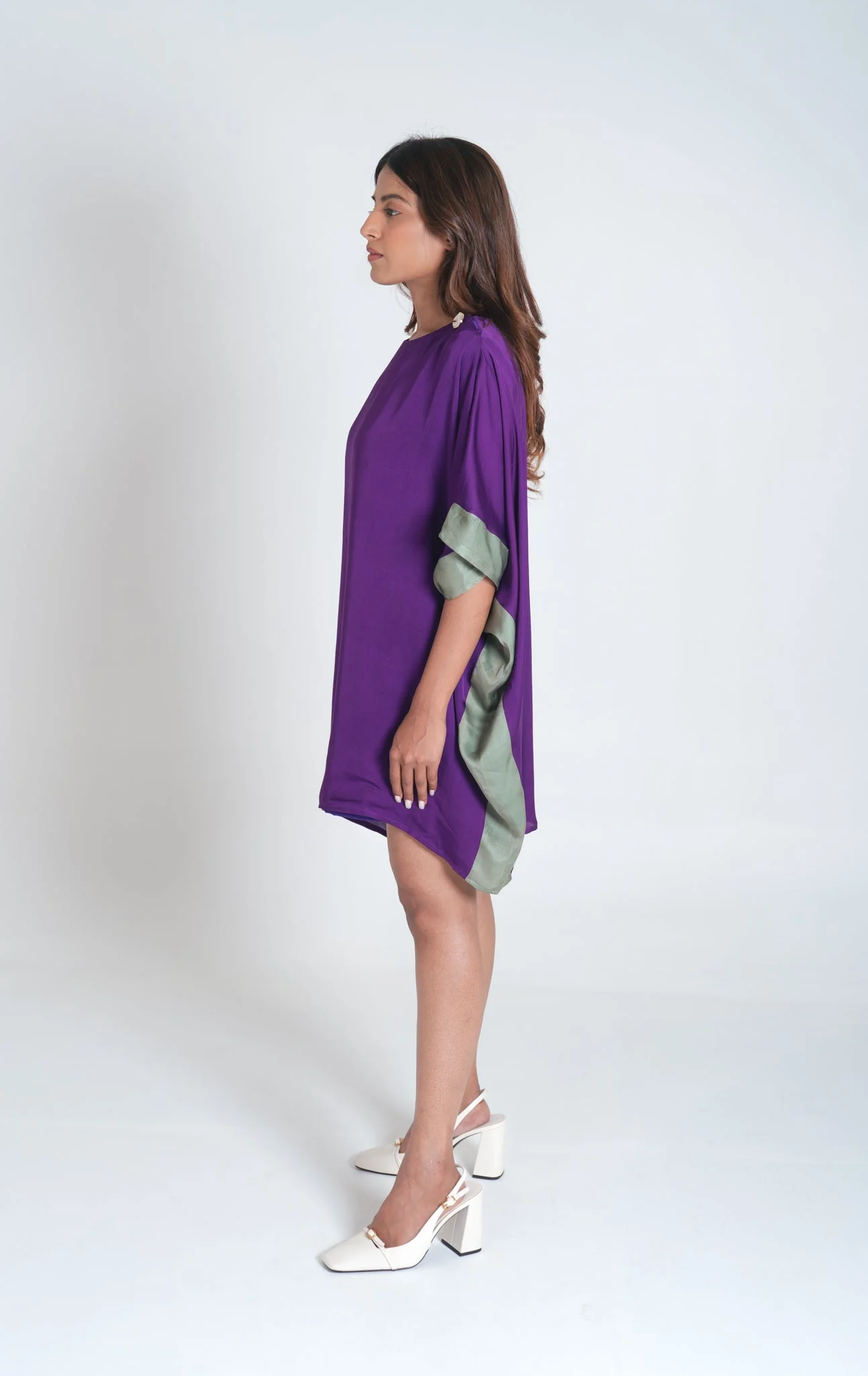 Purple- Green Short Kaftan Dress - Image 4