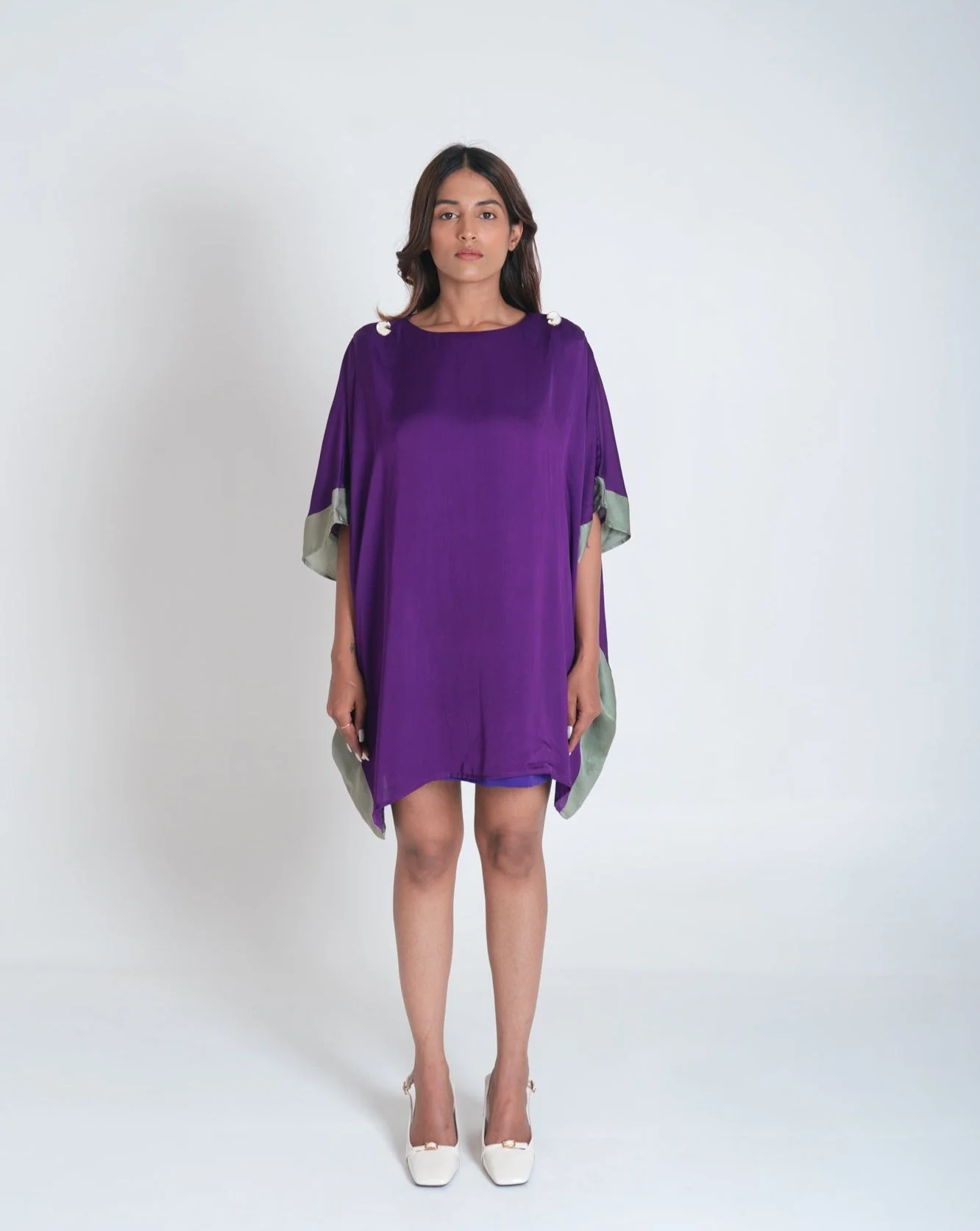 Purple- Green Short Kaftan Dress - Image 5
