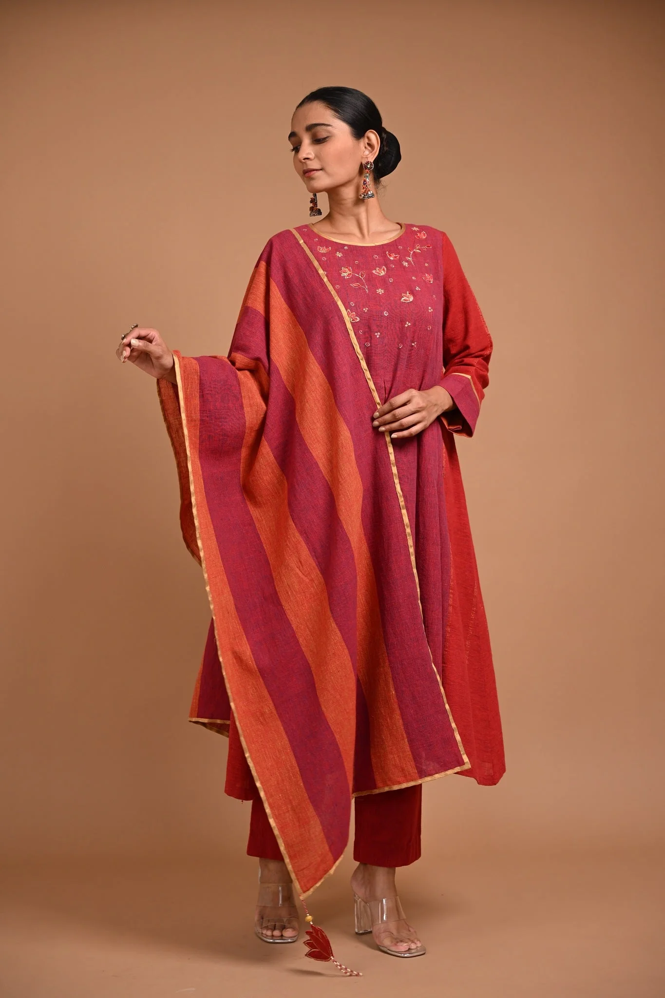 Red Dupatta in Gold Edge & Lotus Tassel