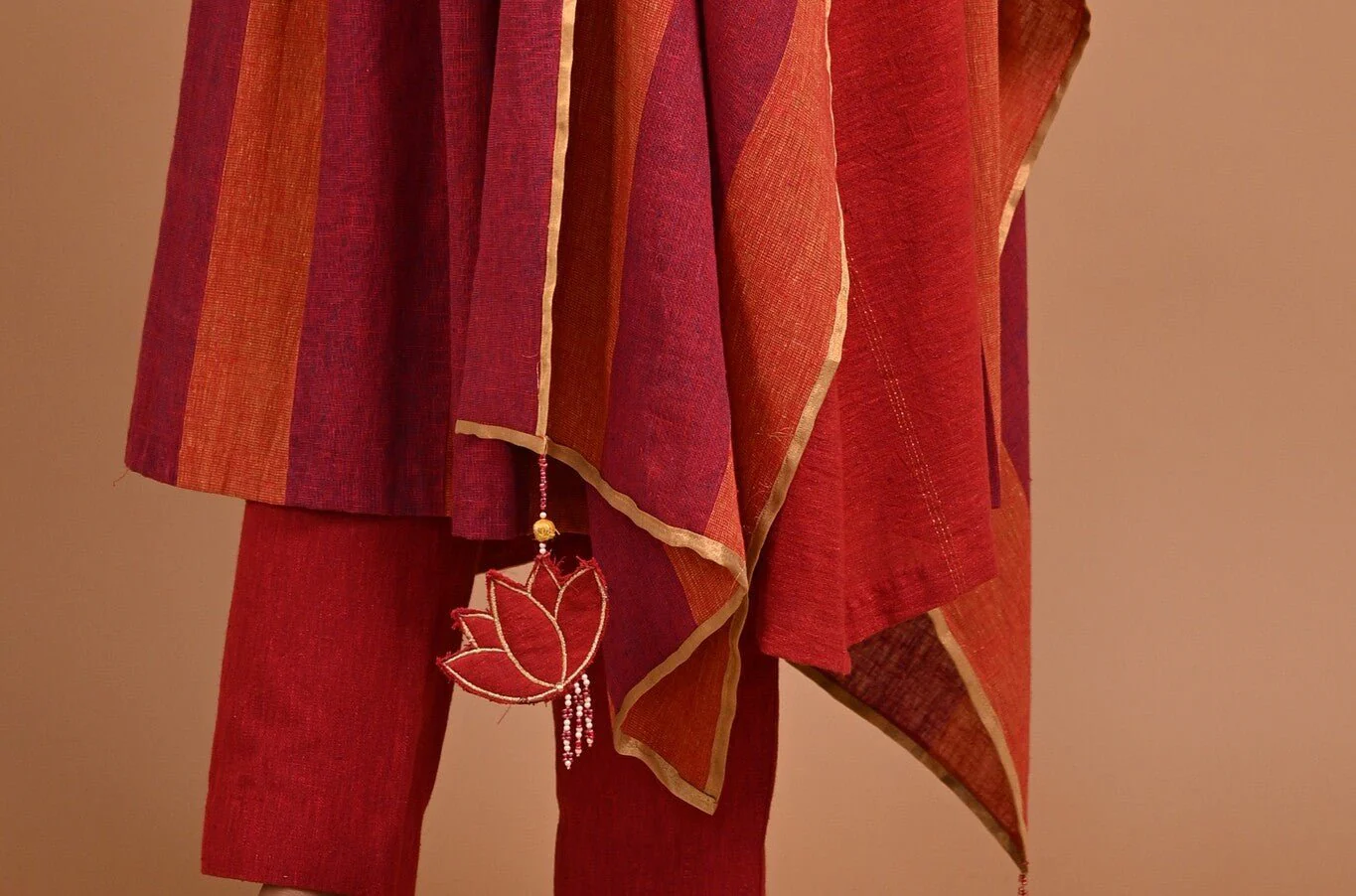 Red Dupatta in Gold Edge & Lotus Tassel - Image 2