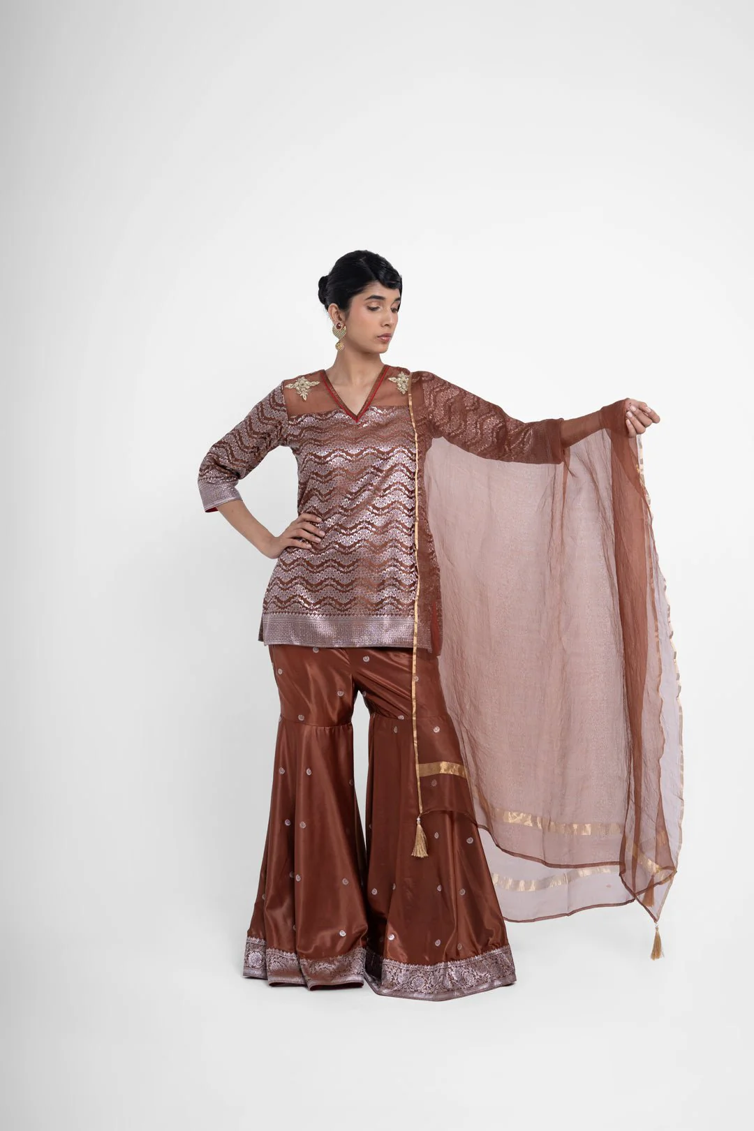 Ruby Gharara Set In Brown - Image 3