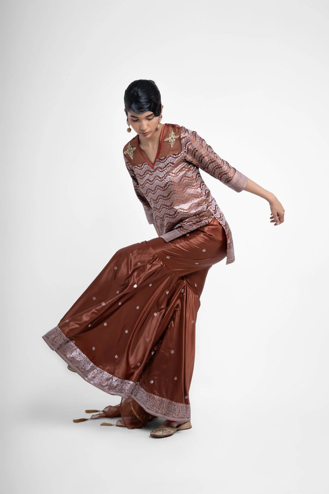 Ruby Gharara Set In Brown - Image 4