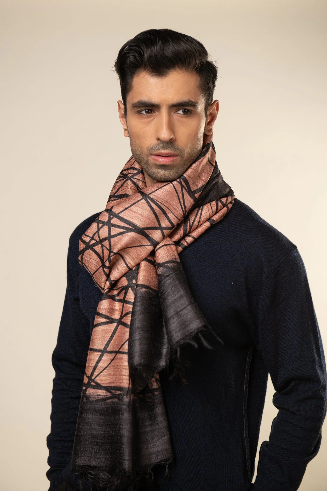 Salmon Lattice Tussar Peace Silk Scarf - Image 2