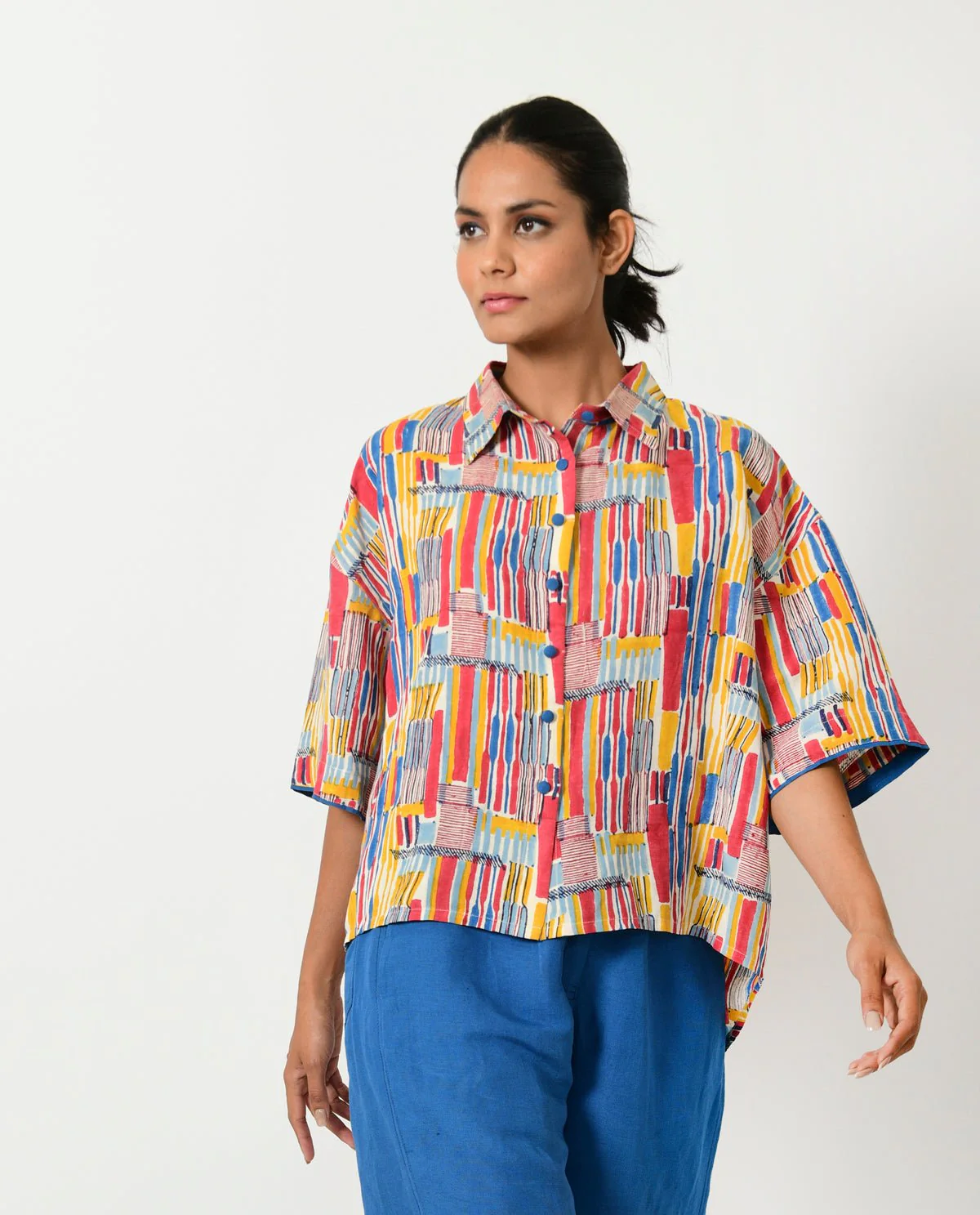 Scribble Hand Block Linen Crop Shirt - Image 4
