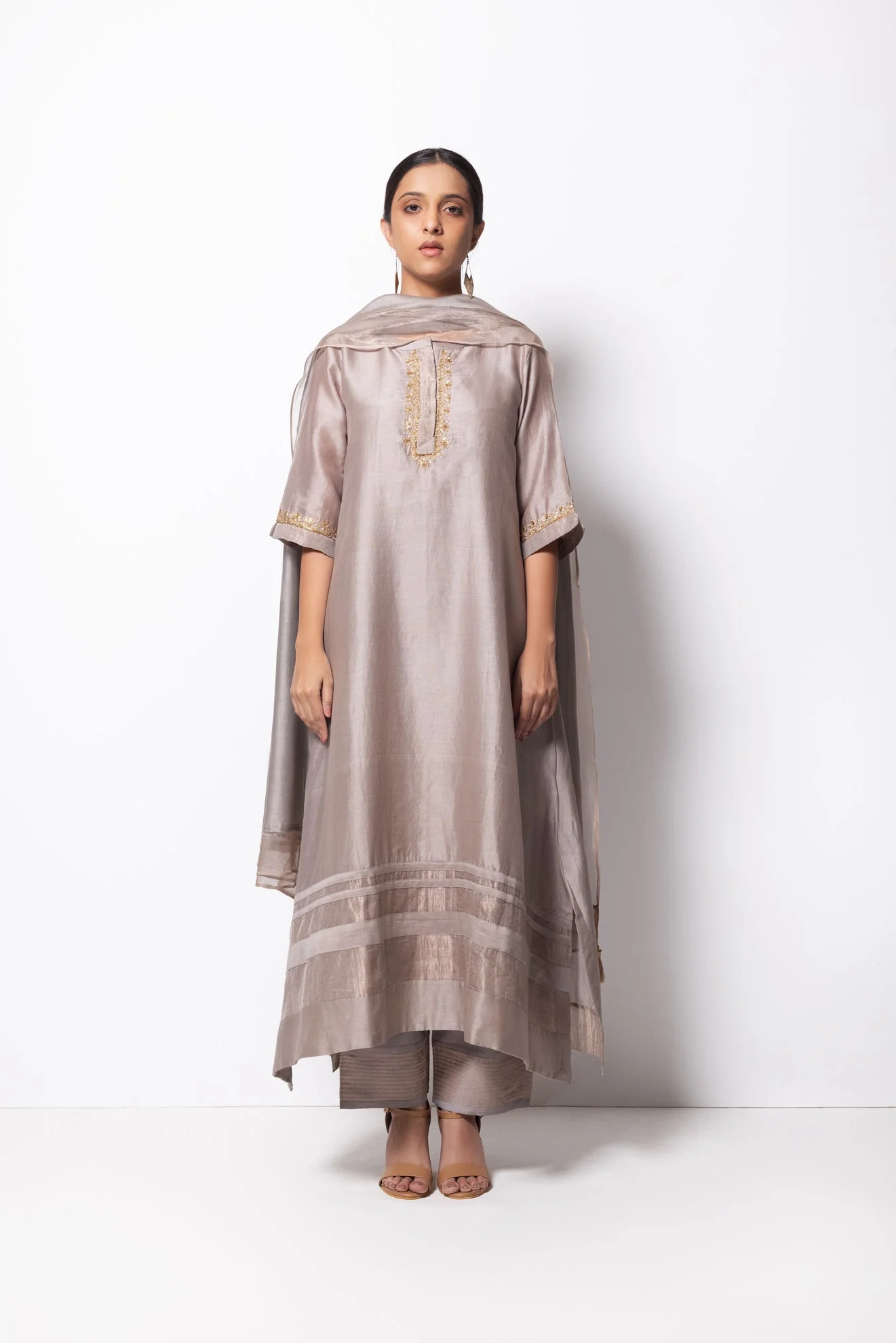 Silver Grey Chanderi Silk Kurta Set with Dupatta - Image 5