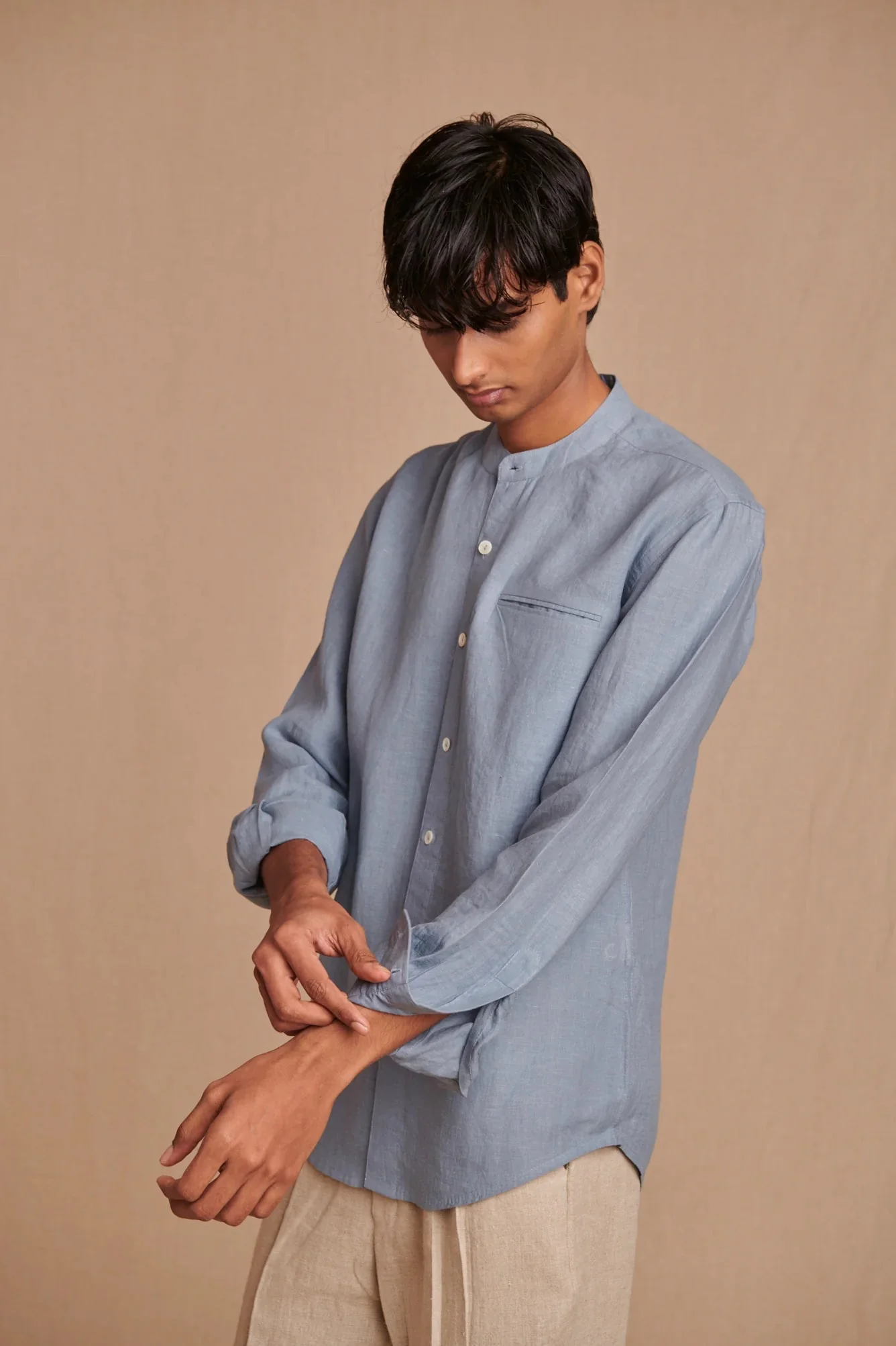 Sky Linen Men's Band Collar Shirt - Slim Fit - Image 3