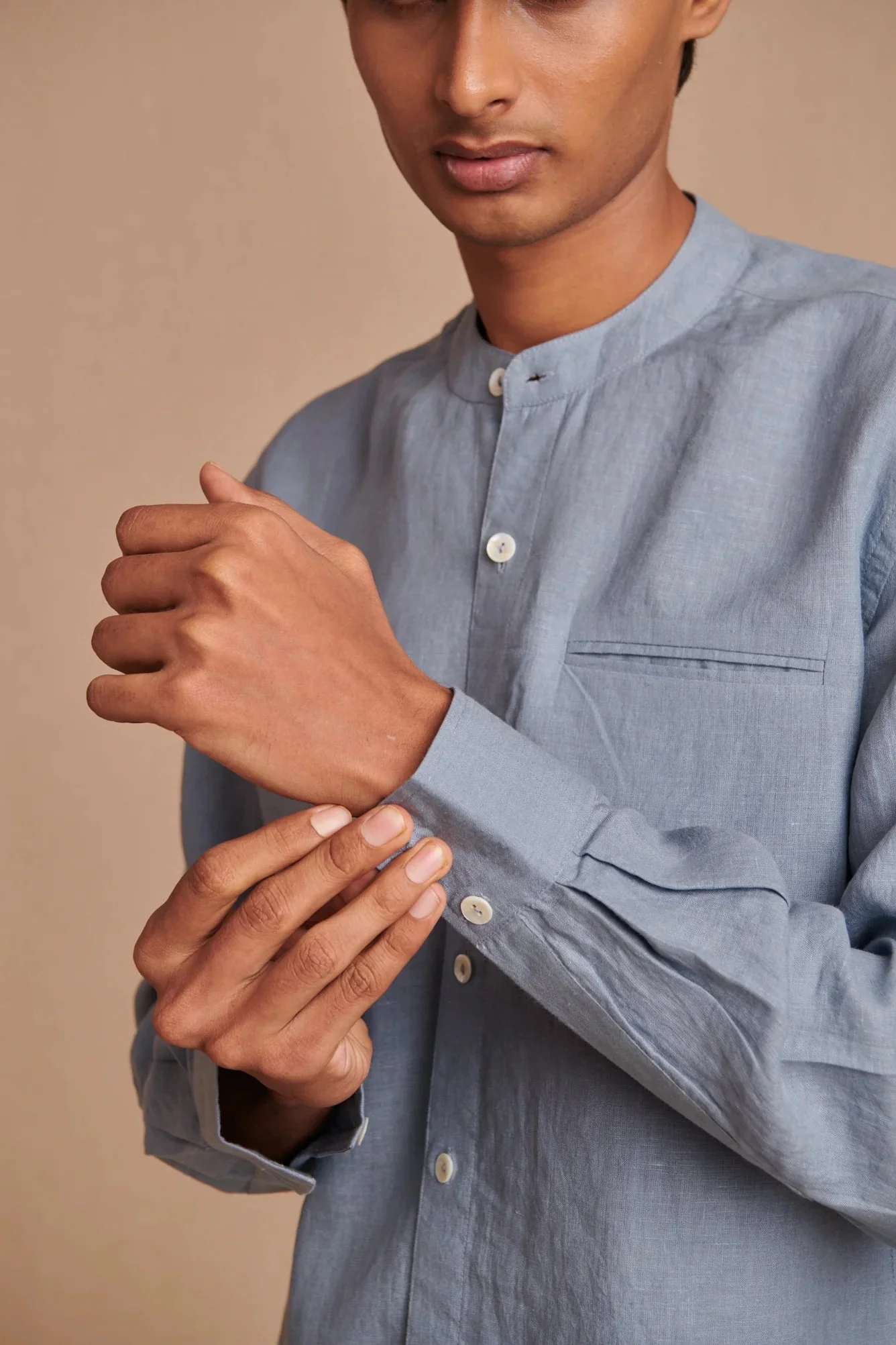 Sky Linen Men's Band Collar Shirt - Slim Fit - Image 5