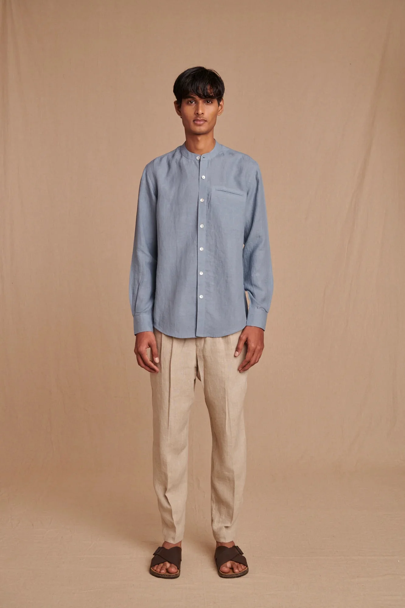 Sky Linen Men's Band Collar Shirt - Slim Fit - Image 7