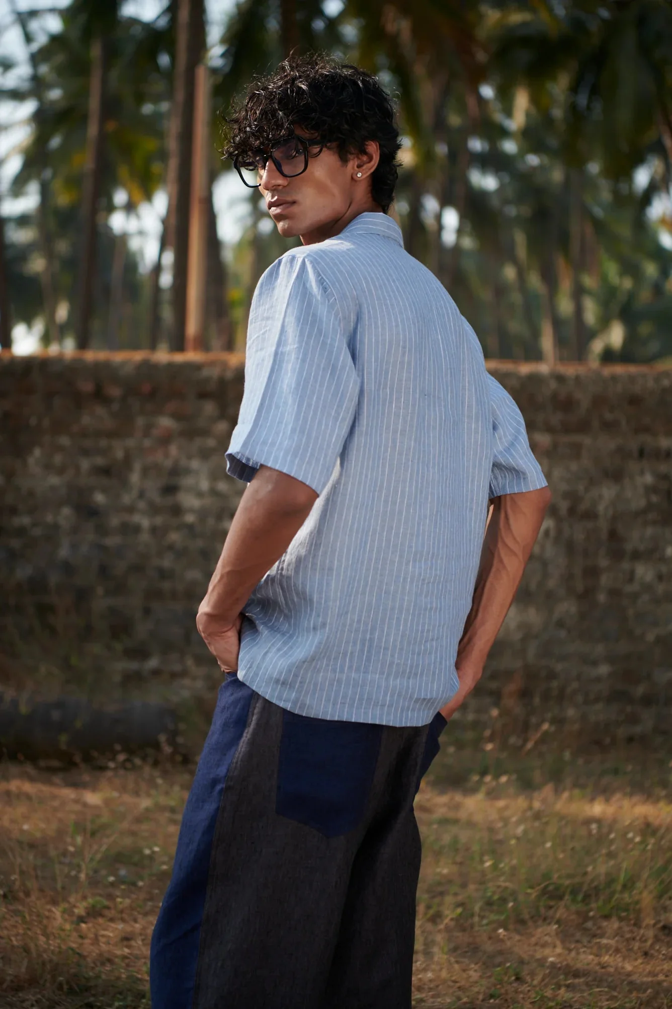 Sky Pinstripe Linen Men's Popover Shirt - Image 8