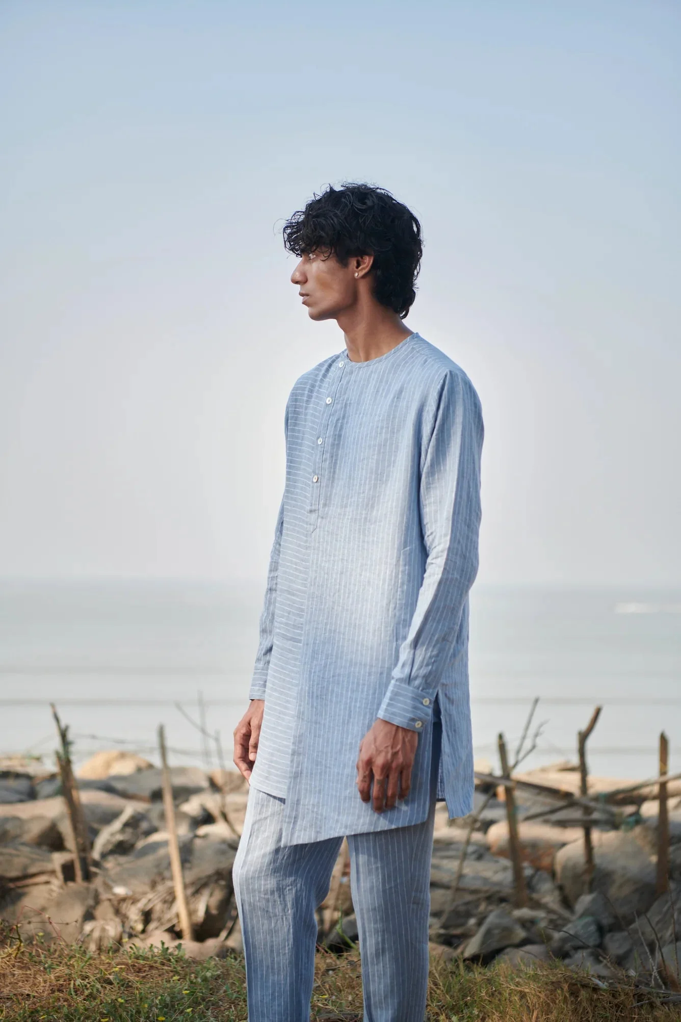 Sky Pinstripe Linen Side Open Kurta Set - Image 3