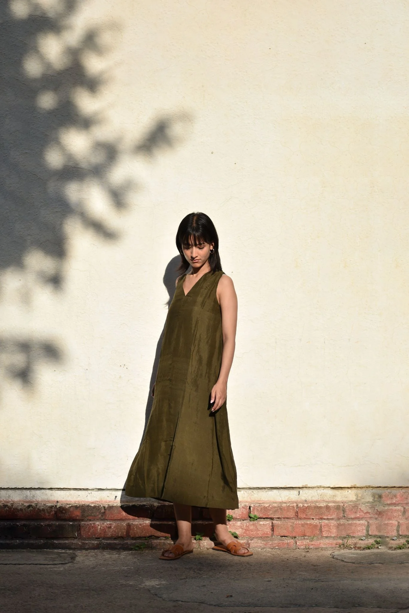 Sleeveless Silk Dress-Olive - Image 2