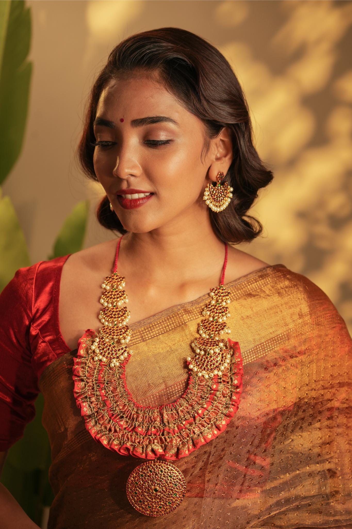 Statement Brocade Temple Neckpiece with Pearls - Image 2
