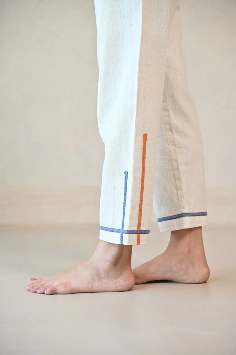 Straight Cut Pant with Fabric Detailing at Hem- Natural White - Image 3