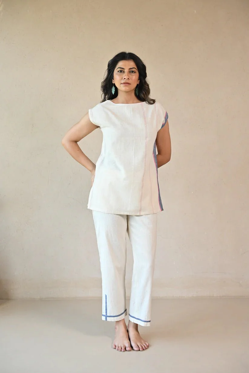 Straight Cut Pant with Fabric Detailing at Hem- Natural White - Image 4