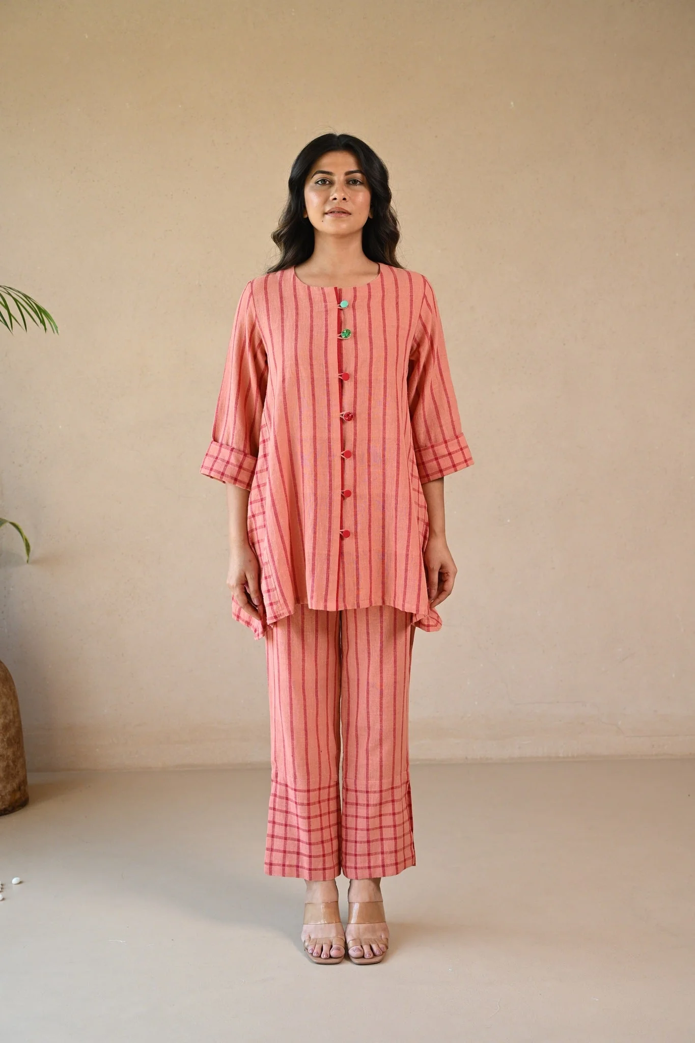 Straight Cut Pant - Peach Stripe Checks