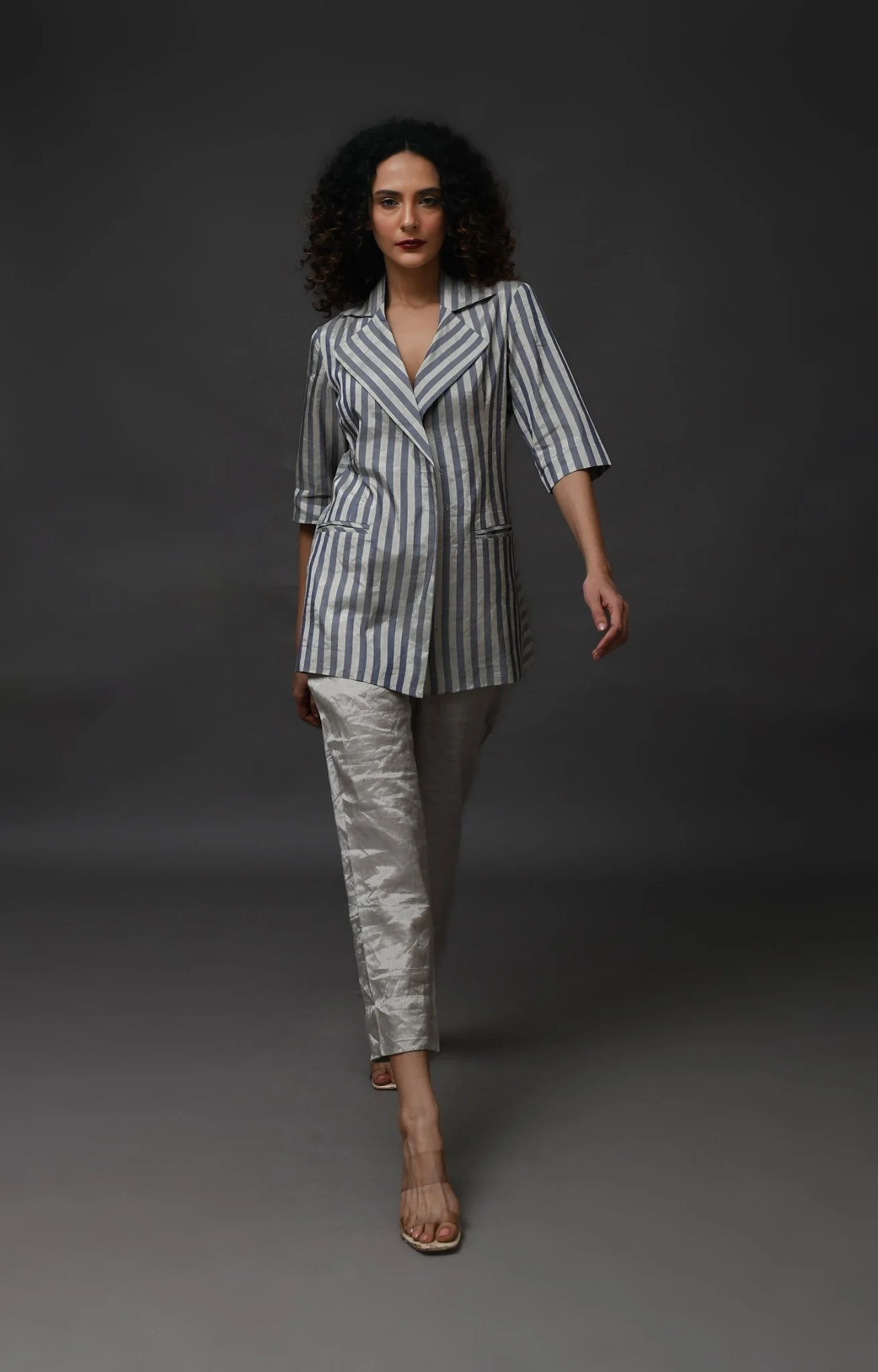 Striped Tissue Blazer Co-Ord (Set of 2)- Silver and Blue