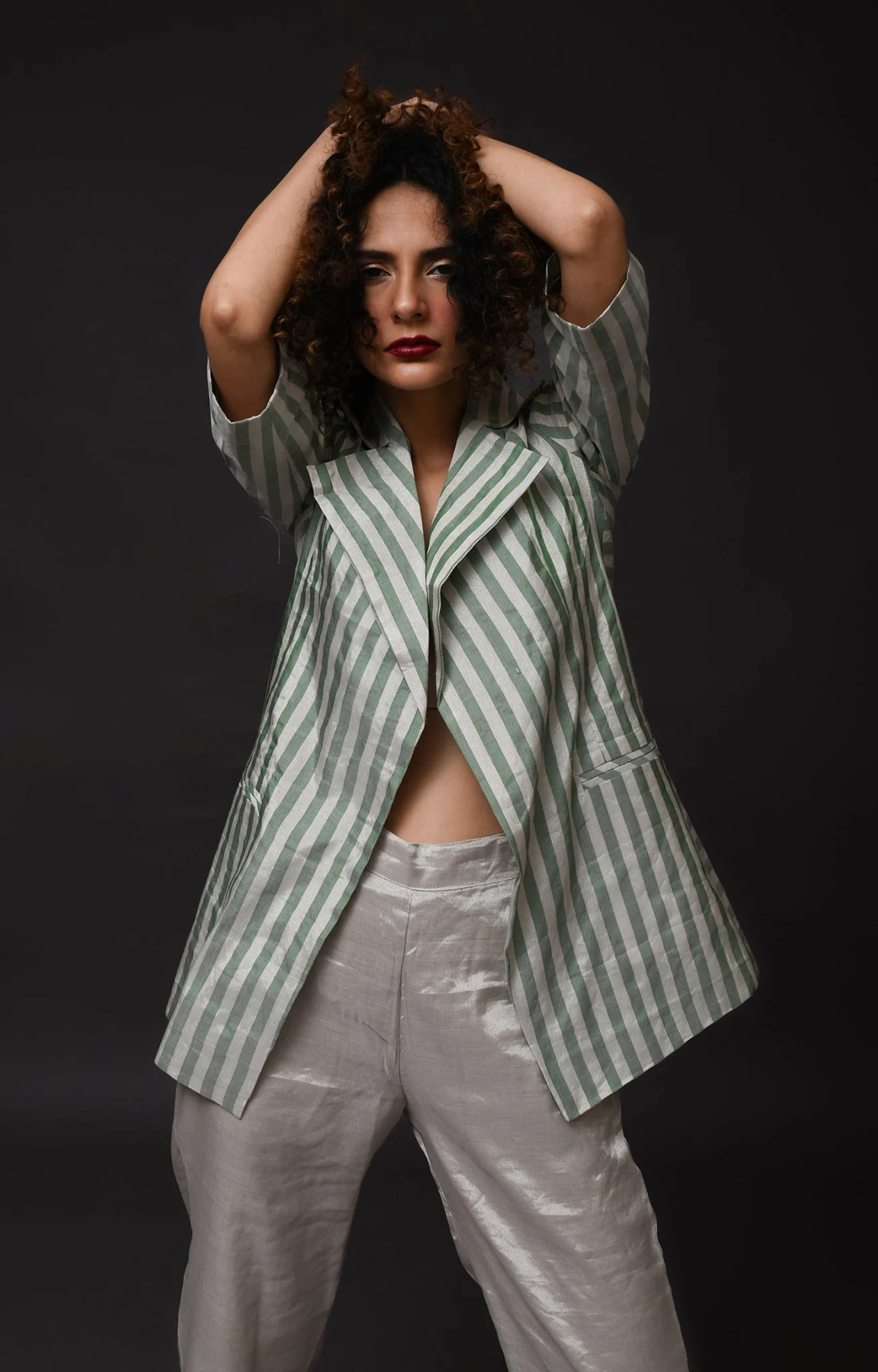 Striped Tissue Blazer Co-ord (Set of 2) - Silver and Green - Image 9