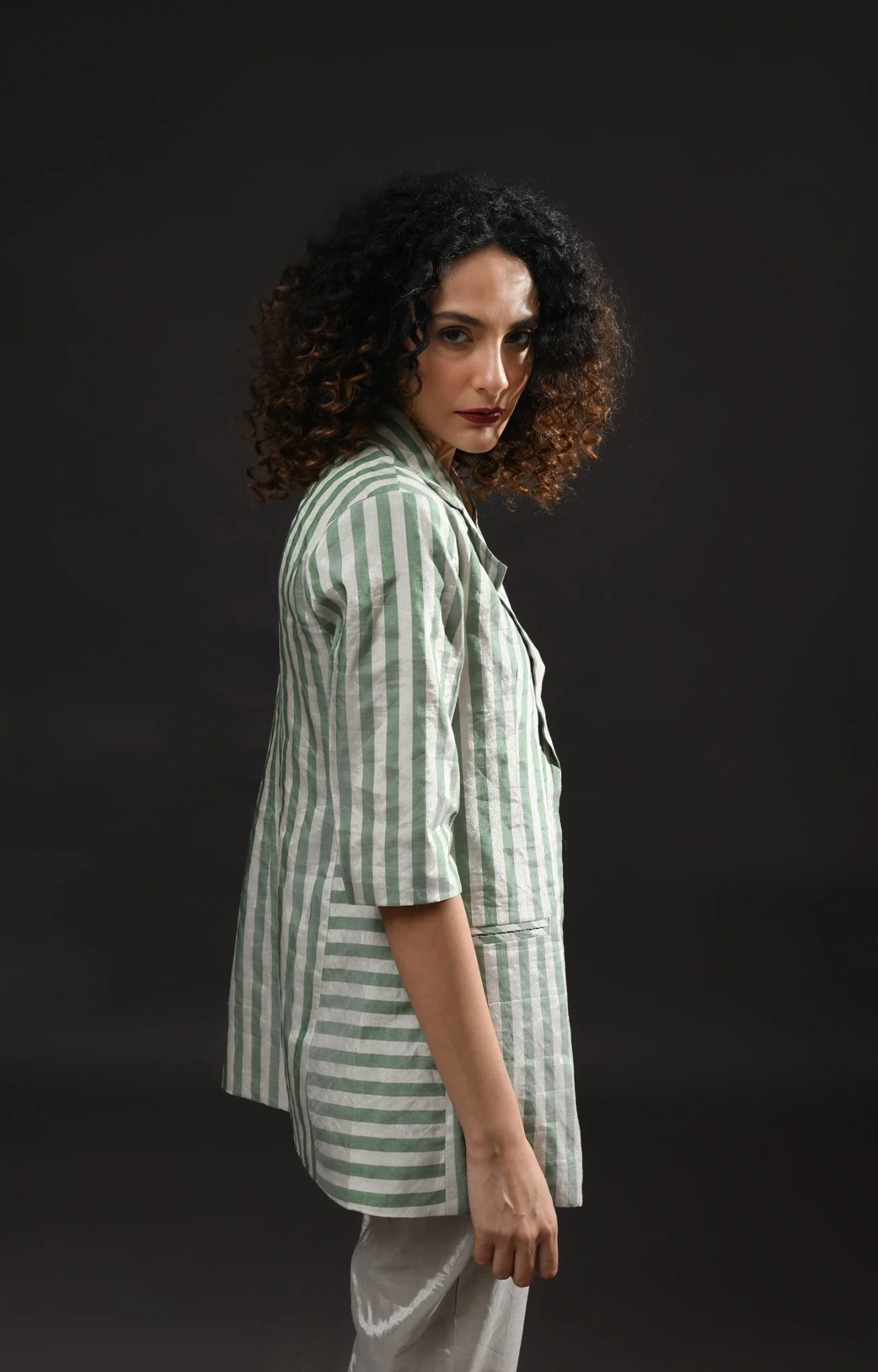 Striped Tissue Blazer - Silver and Green - Image 2