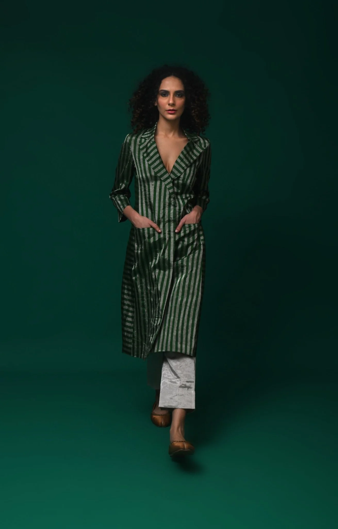 Striped Tissue Jacket Co-ord (Set of 2) - Emerald and Silver - Image 7