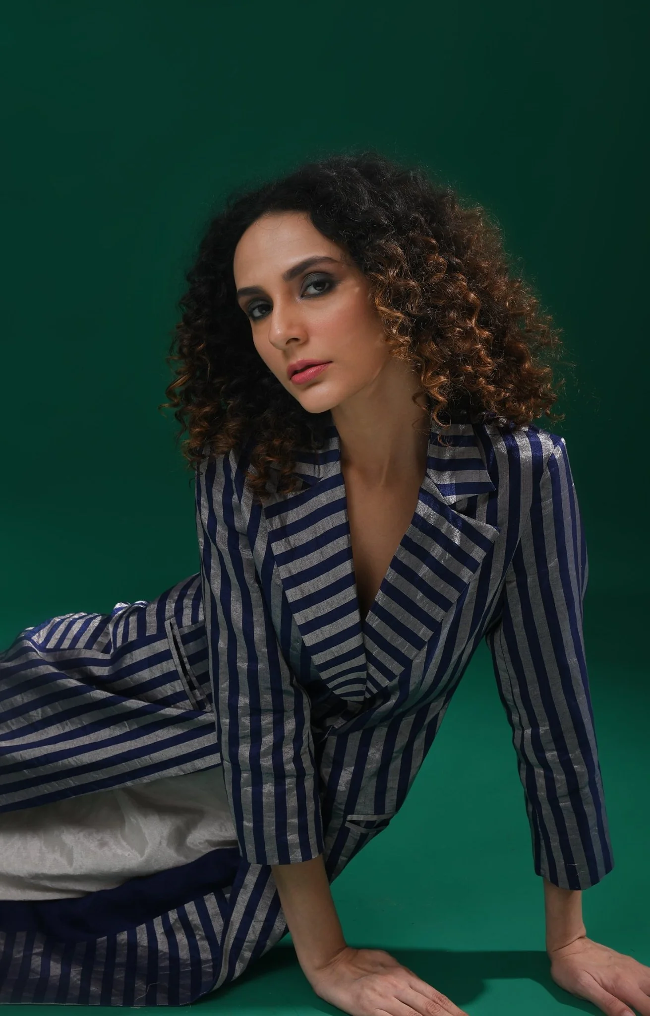 Striped Tissue Jacket Co-ord (Set of 2)- Navy Blue - Image 2