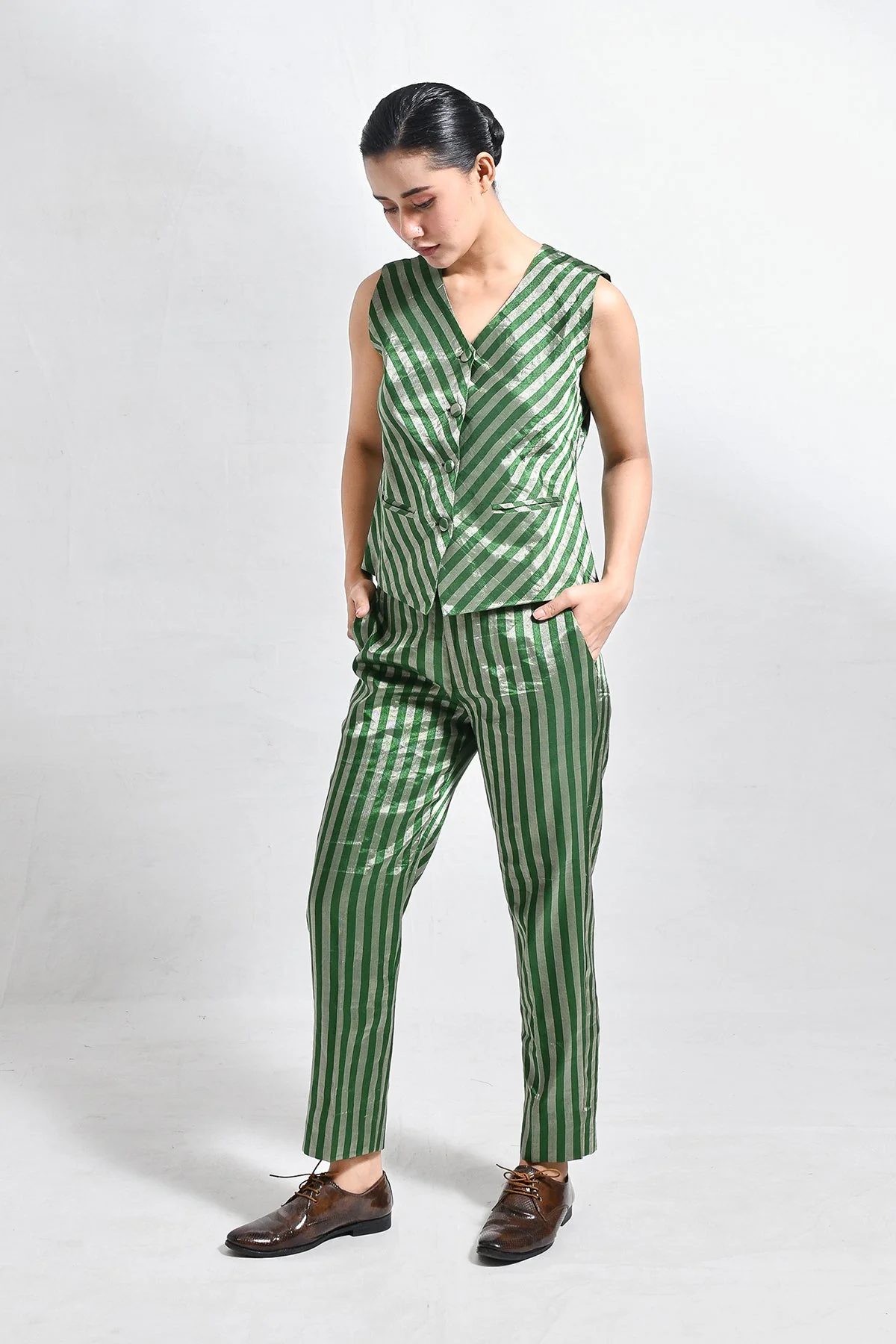 Striped Tissue Waist-Coat Co-ord (Set of 2) - Image 4