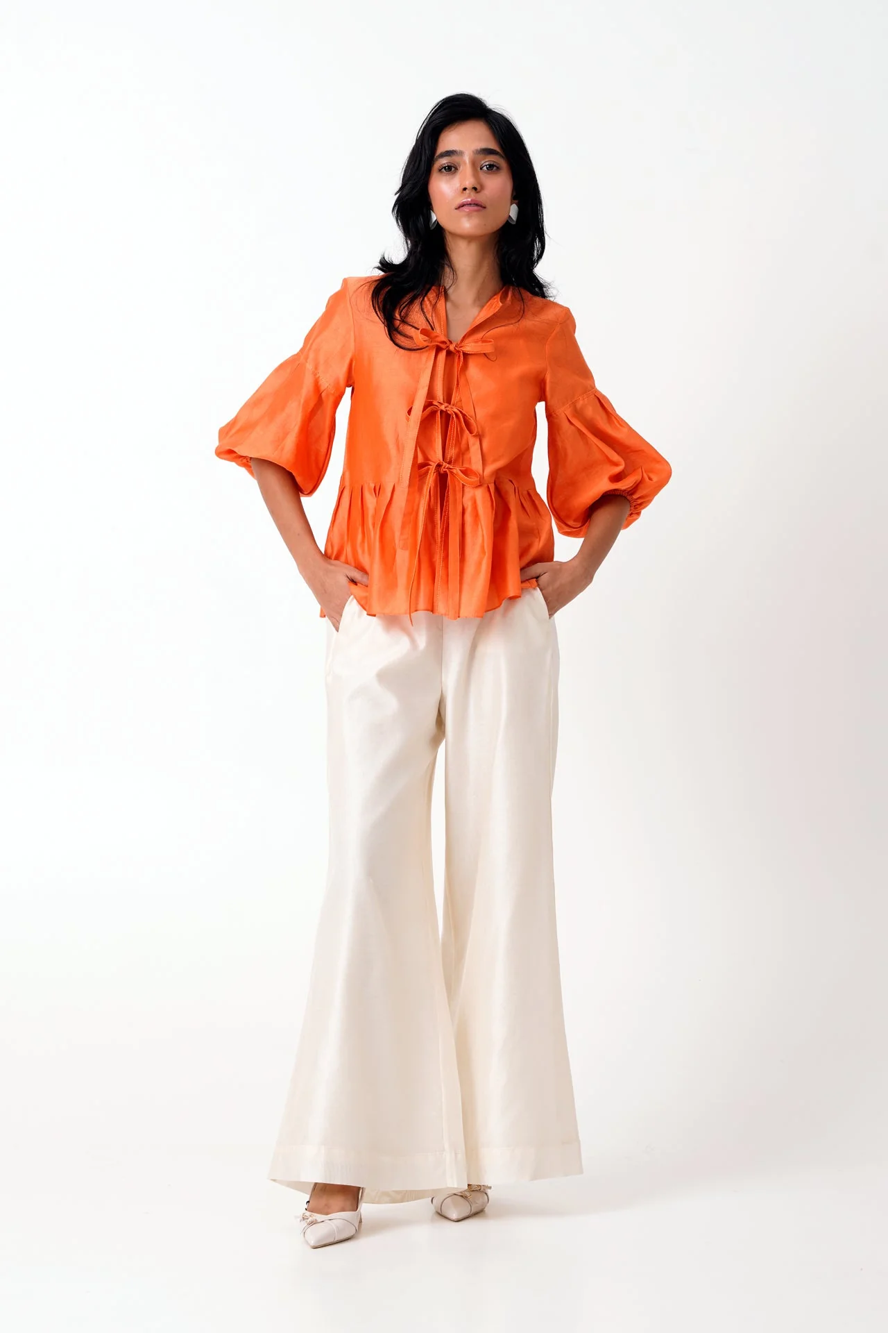 Sunset Orange Toni Set - Multi Knot Peplum Top with Slip + Pants