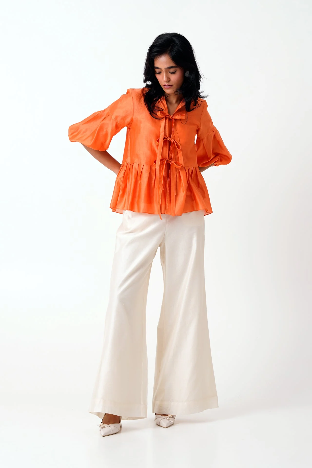 Sunset Orange Toni Set - Multi Knot Peplum Top with Slip + Pants - Image 3