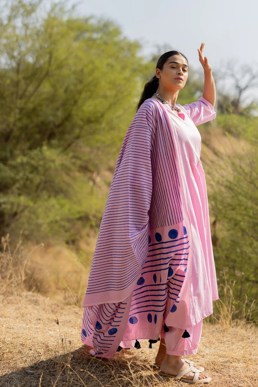 Taffy Pink Kurta Set with Block Printed Dupatta - Image 3