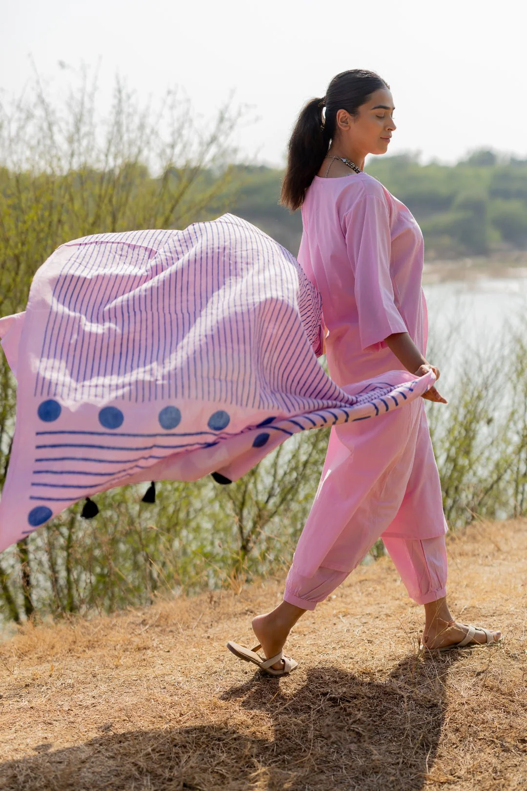 Taffy Pink Kurta Set with Block Printed Dupatta - Image 4