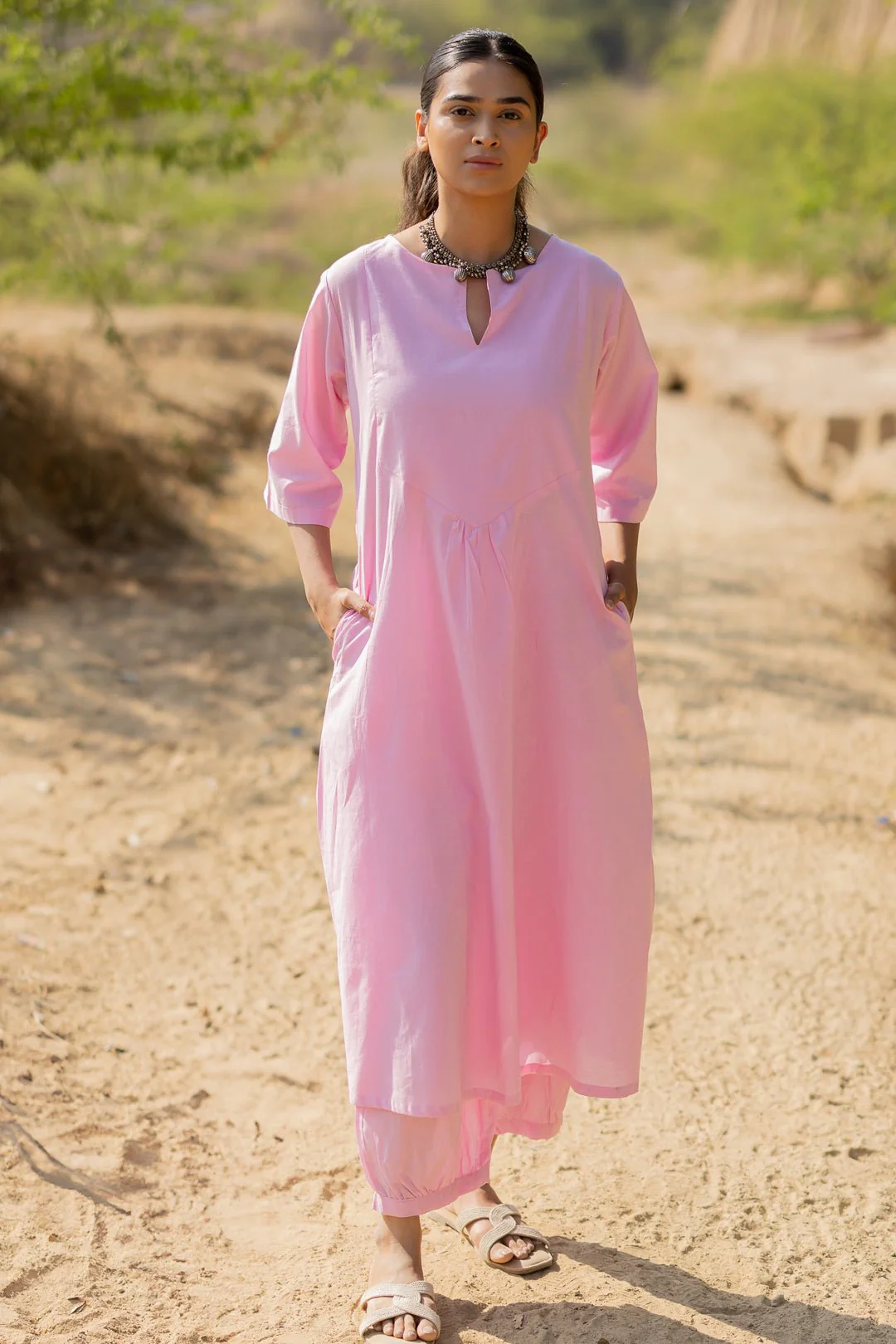 Taffy Pink Kurta Set with Block Printed Dupatta - Image 9